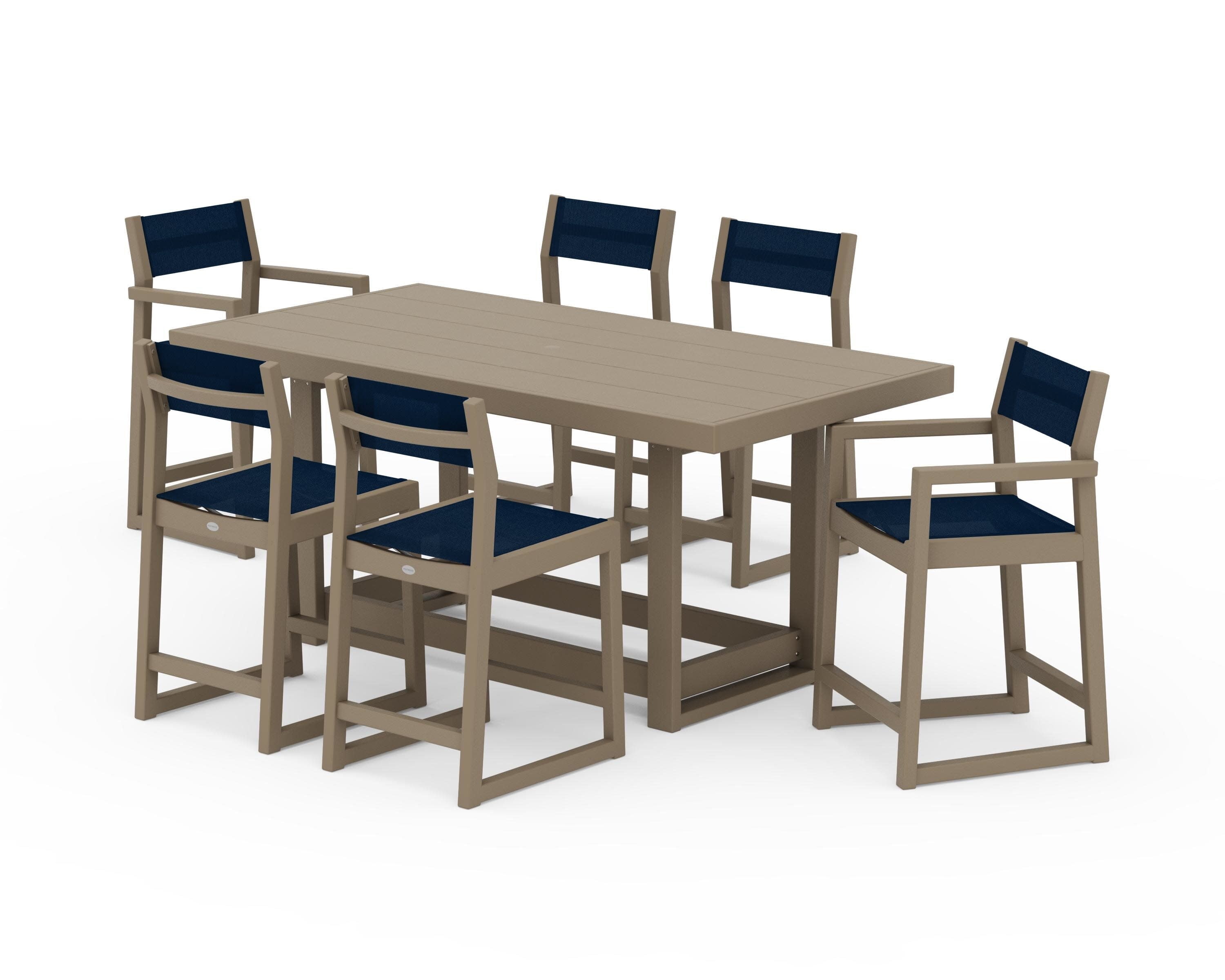 EDGE Sling 7-Piece Counter Table Set in Vintage Sahara / Navy Blue Sling