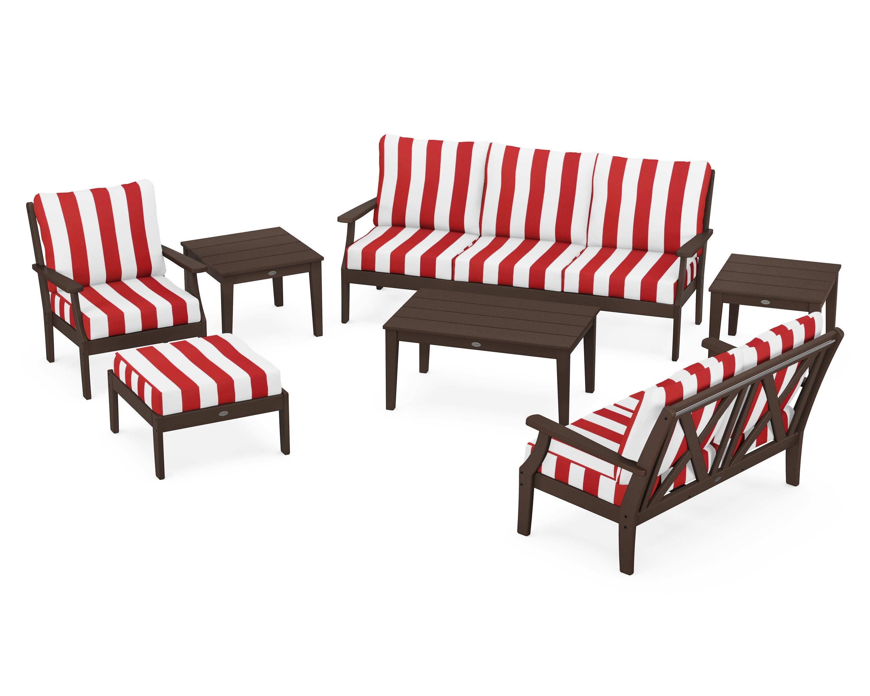Braxton 7-Piece Deep Seating Set in Mahogany / Cabana Stripe Crimson