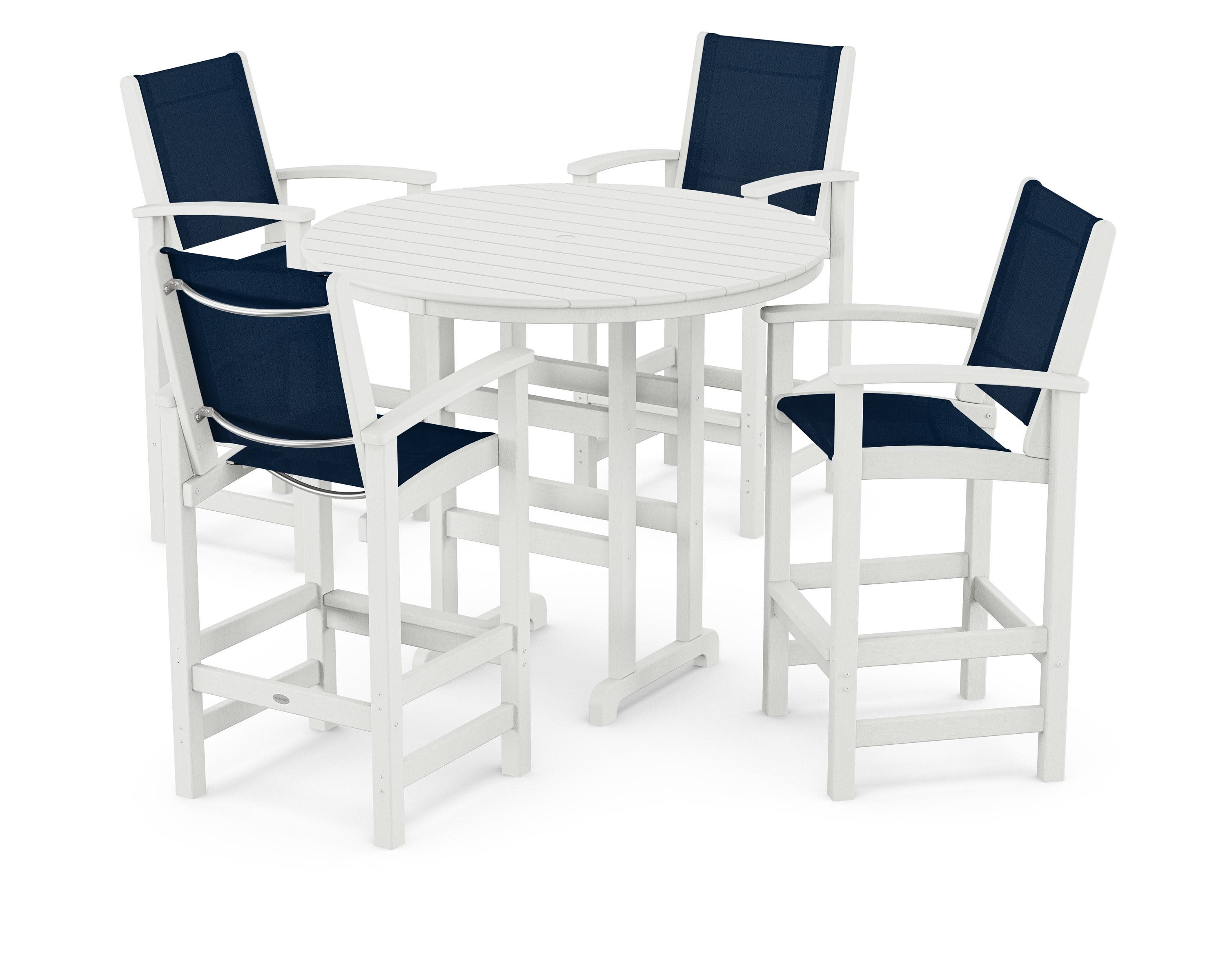 Coastal 5-Piece Nautical Trestle Bar Set in Vintage White / Navy Blue Sling