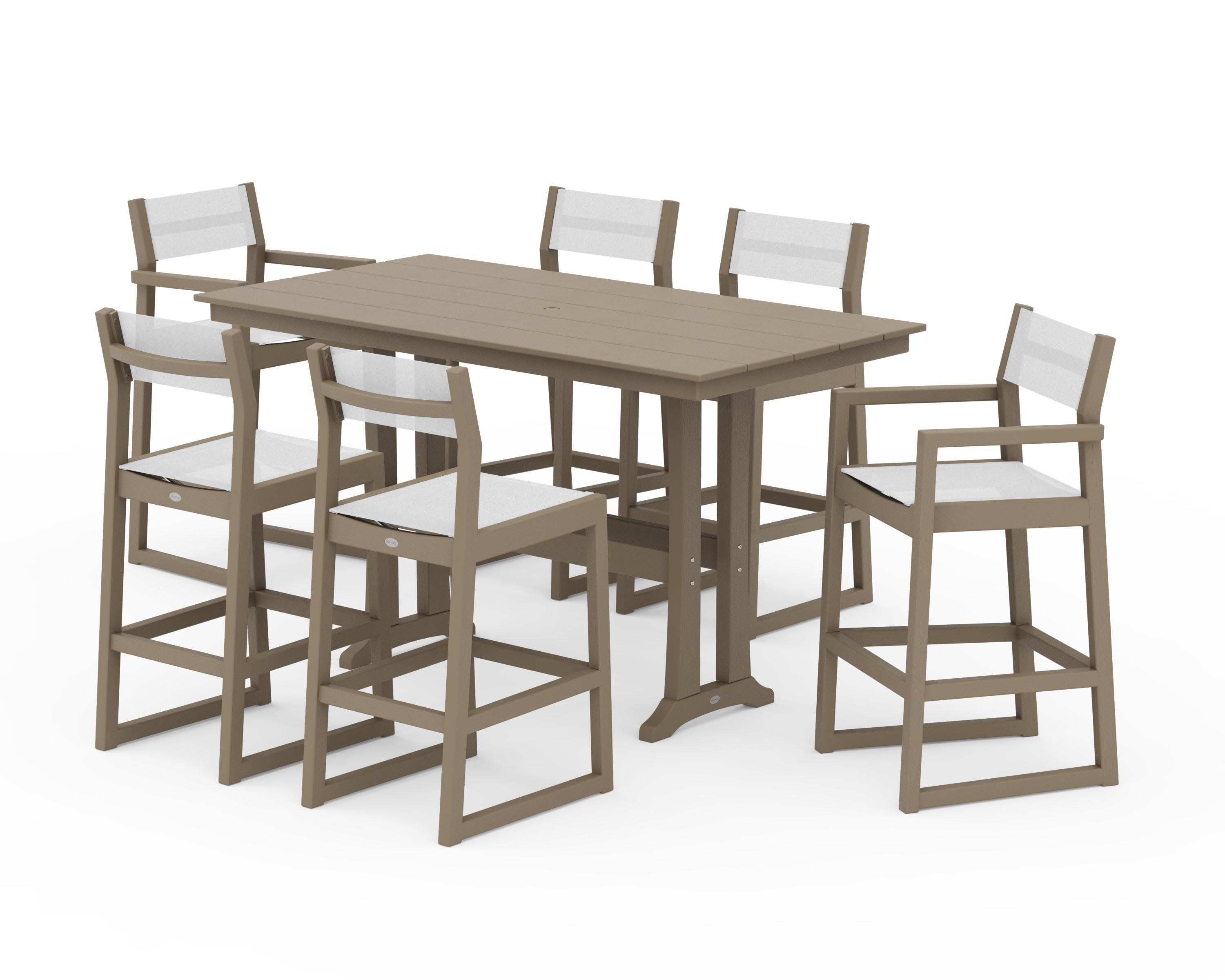 EDGE Sling 7-Piece Farmhouse Bar Set with Trestle Legs in Vintage Sahara / White Sling