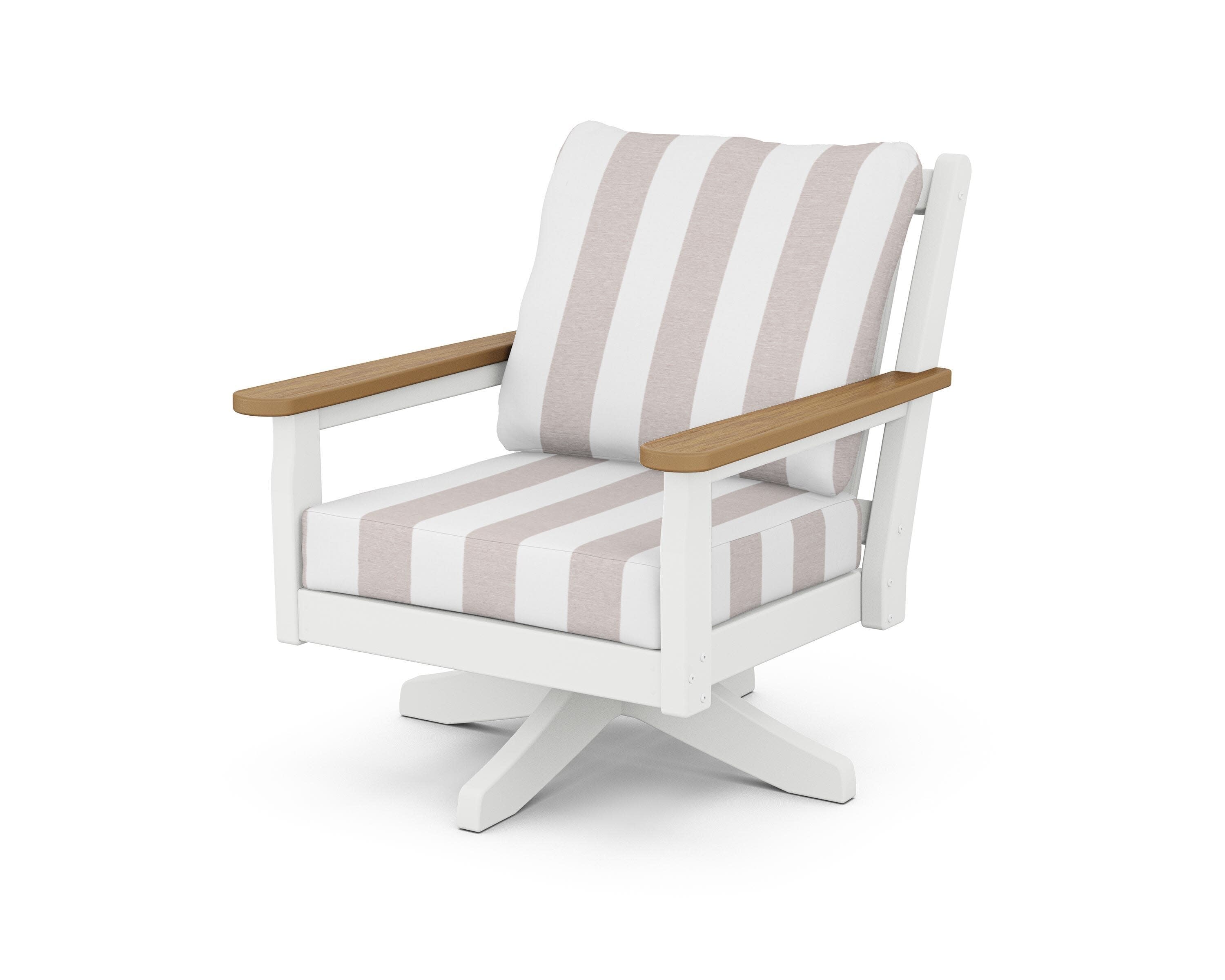 Chippendale Deep Seating Swivel Chair in White / Natural / Cabana Stripe Dune Burlap