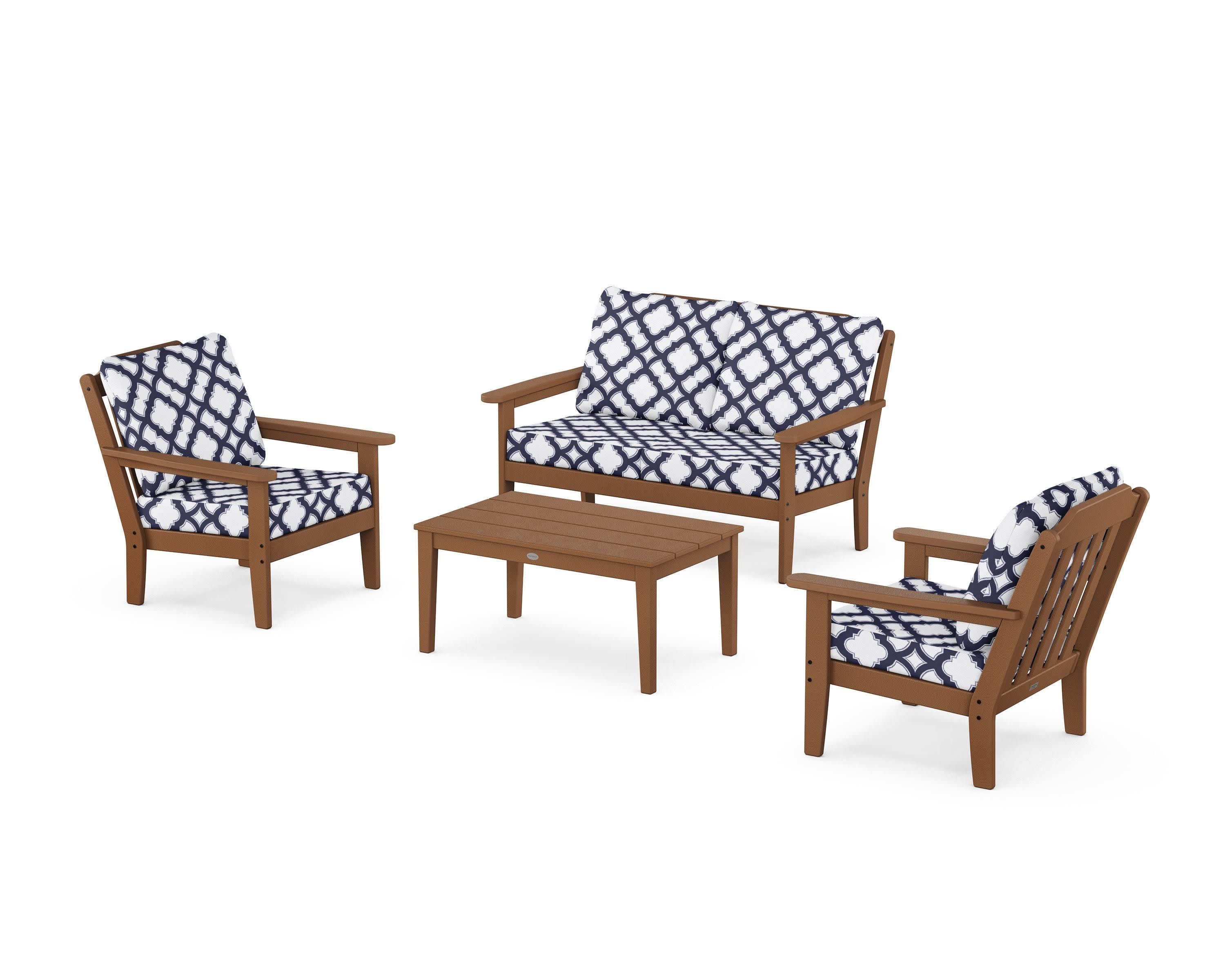 Cottage 4-Piece Deep Seating Set with Loveseat in Teak / Trellis Navy
