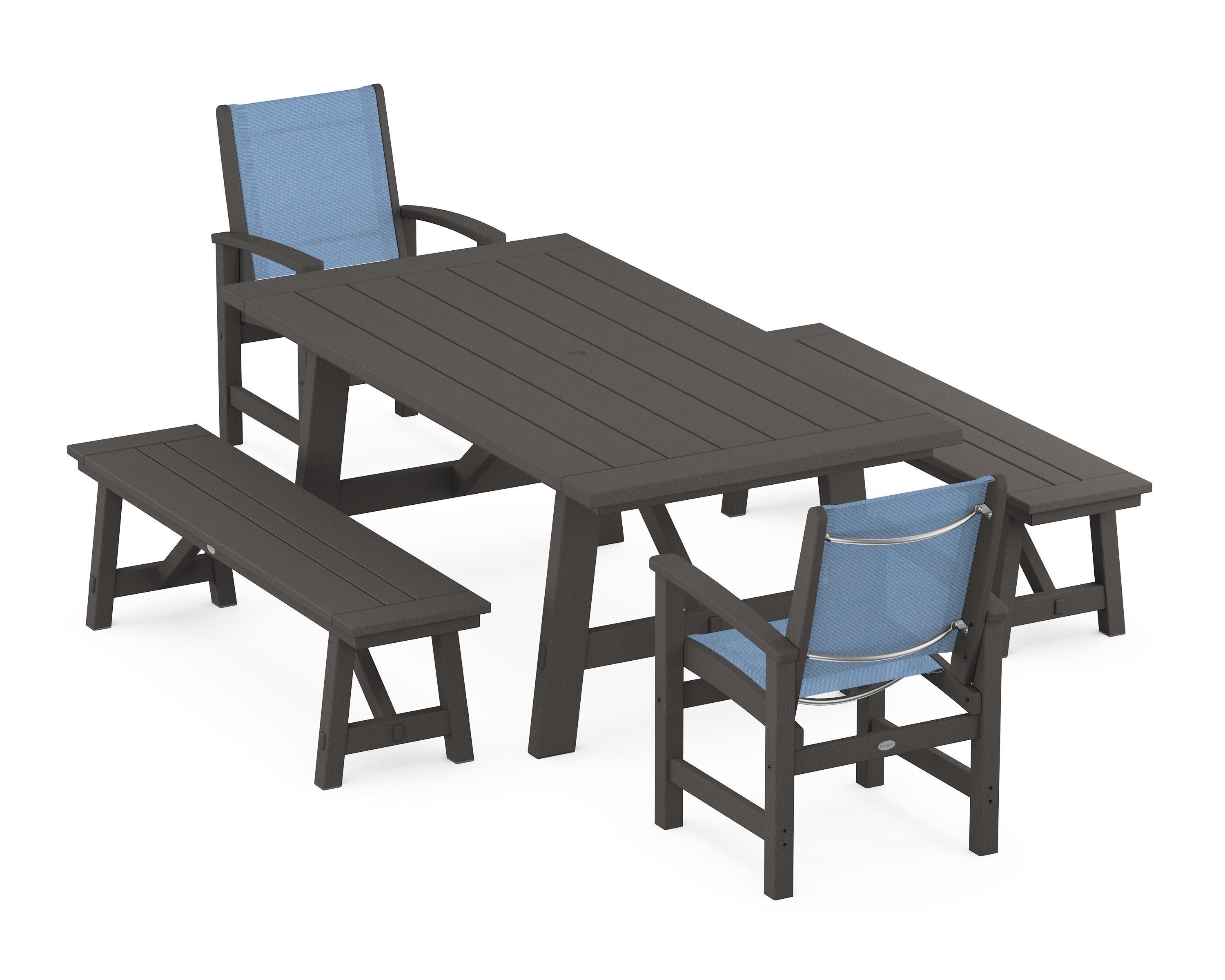 Coastal 5-Piece Rustic Farmhouse Dining Set With Benches in Vintage Coffee / Poolside Sling