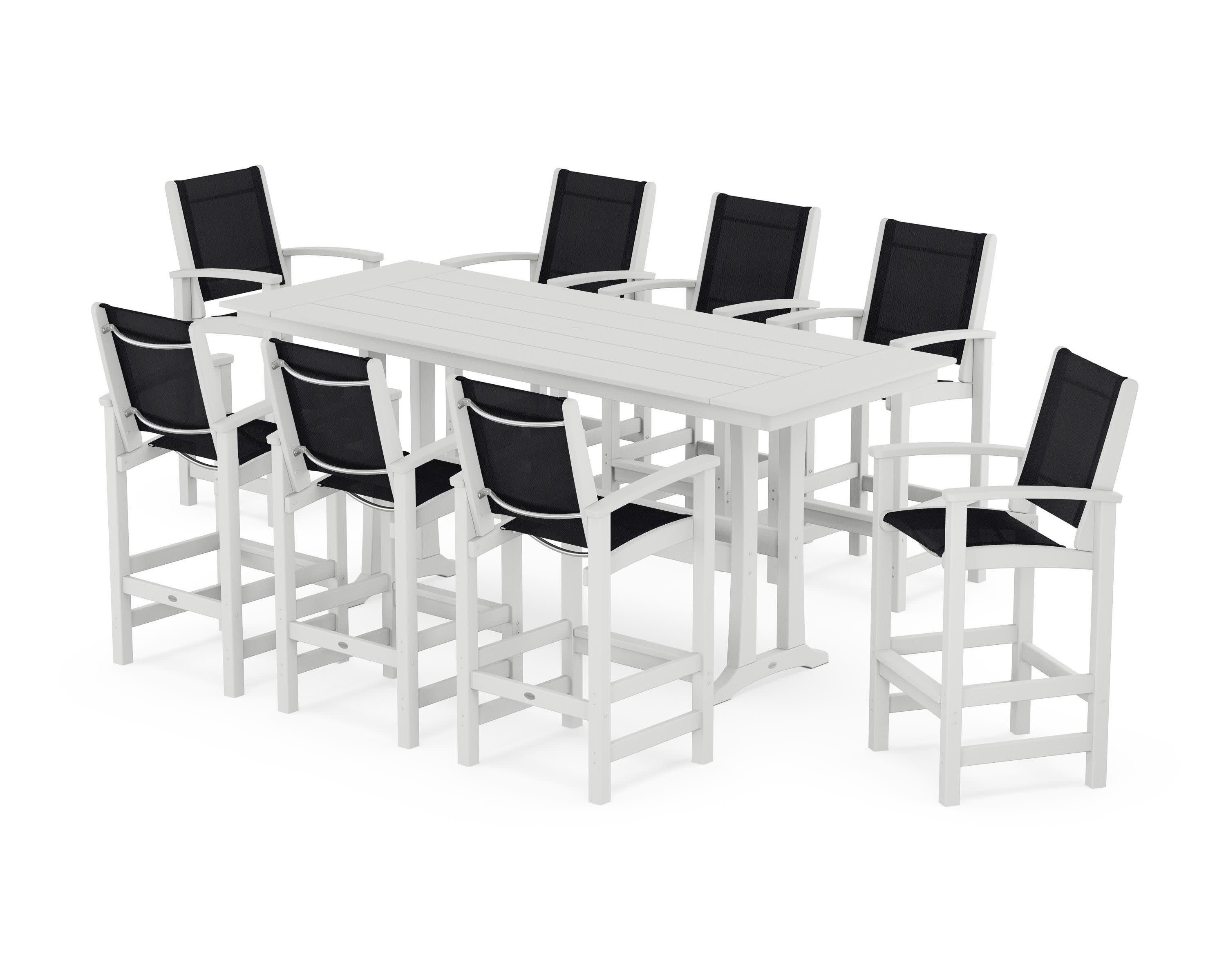 Coastal 9-Piece Farmhouse Bar Set with Trestle Legs in White / Black Sling