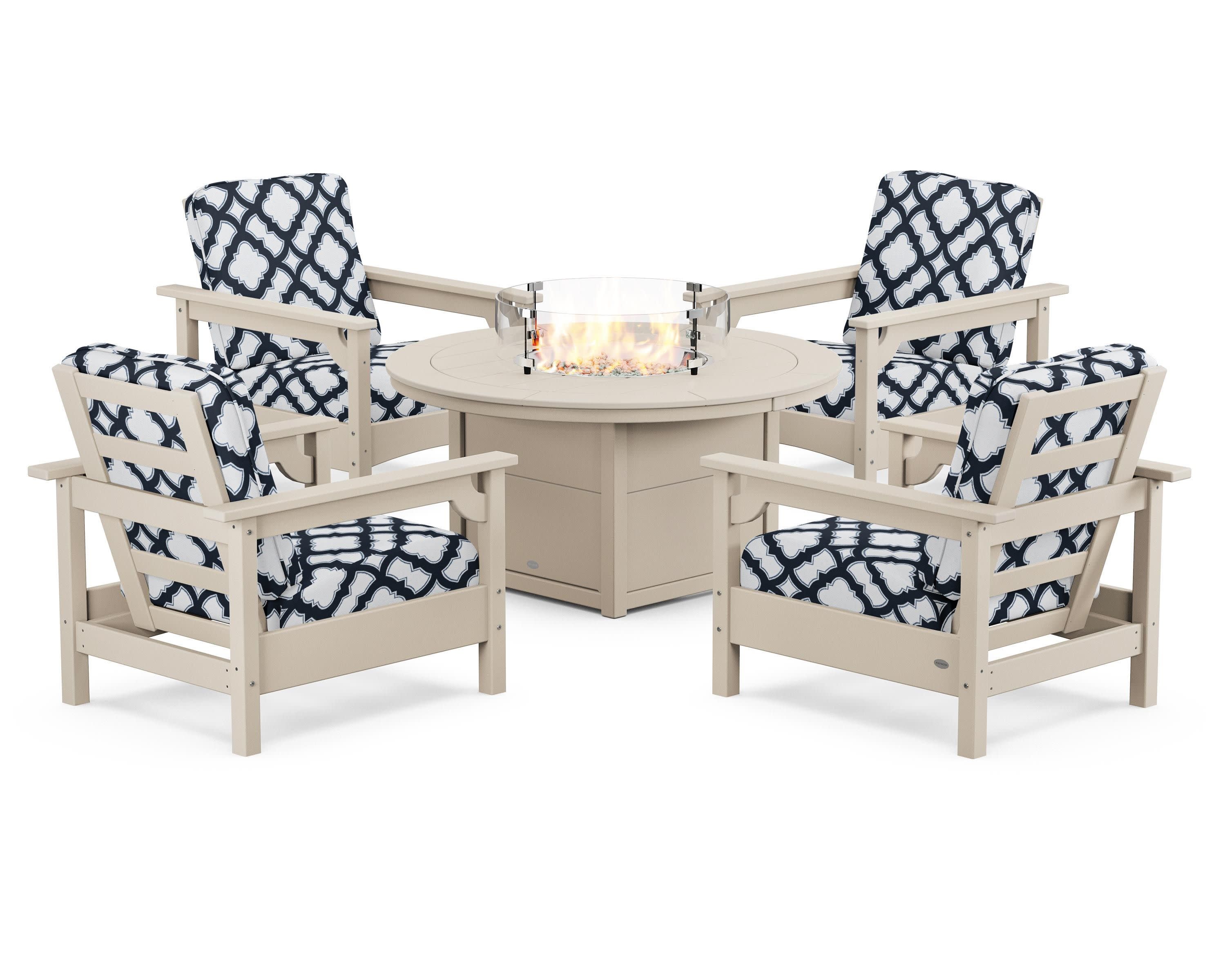 Club 5-Piece Conversation Set with Fire Pit Table in Sand / Trellis Marine Indigo