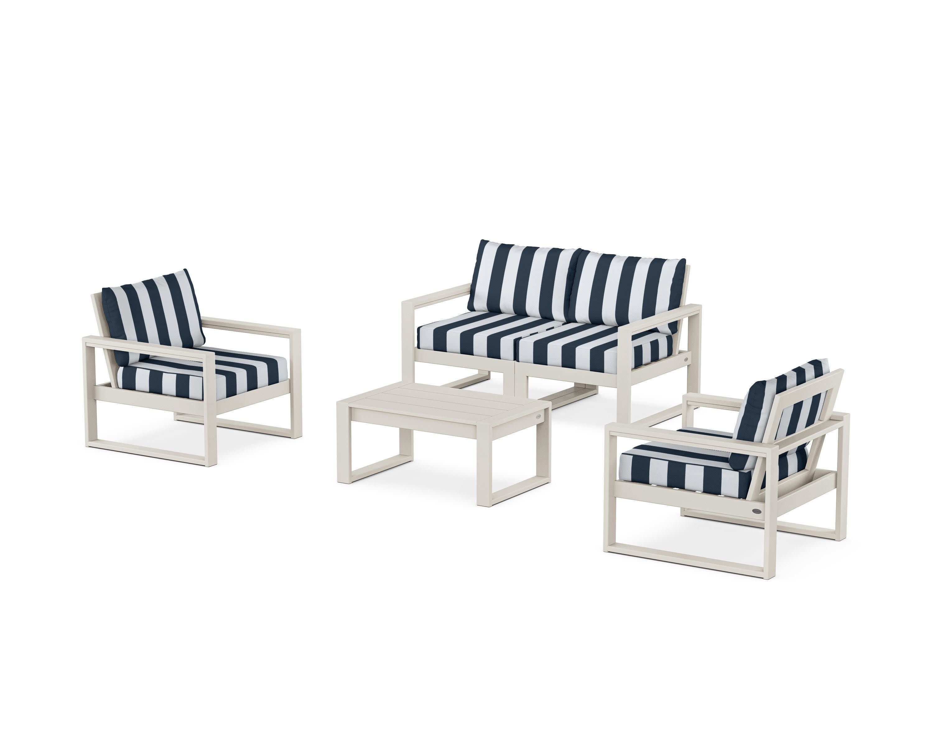 EDGE Sectional 4-Piece Deep Seating Set with Loveseat in Sand / Cabana Stripe Marine Indigo