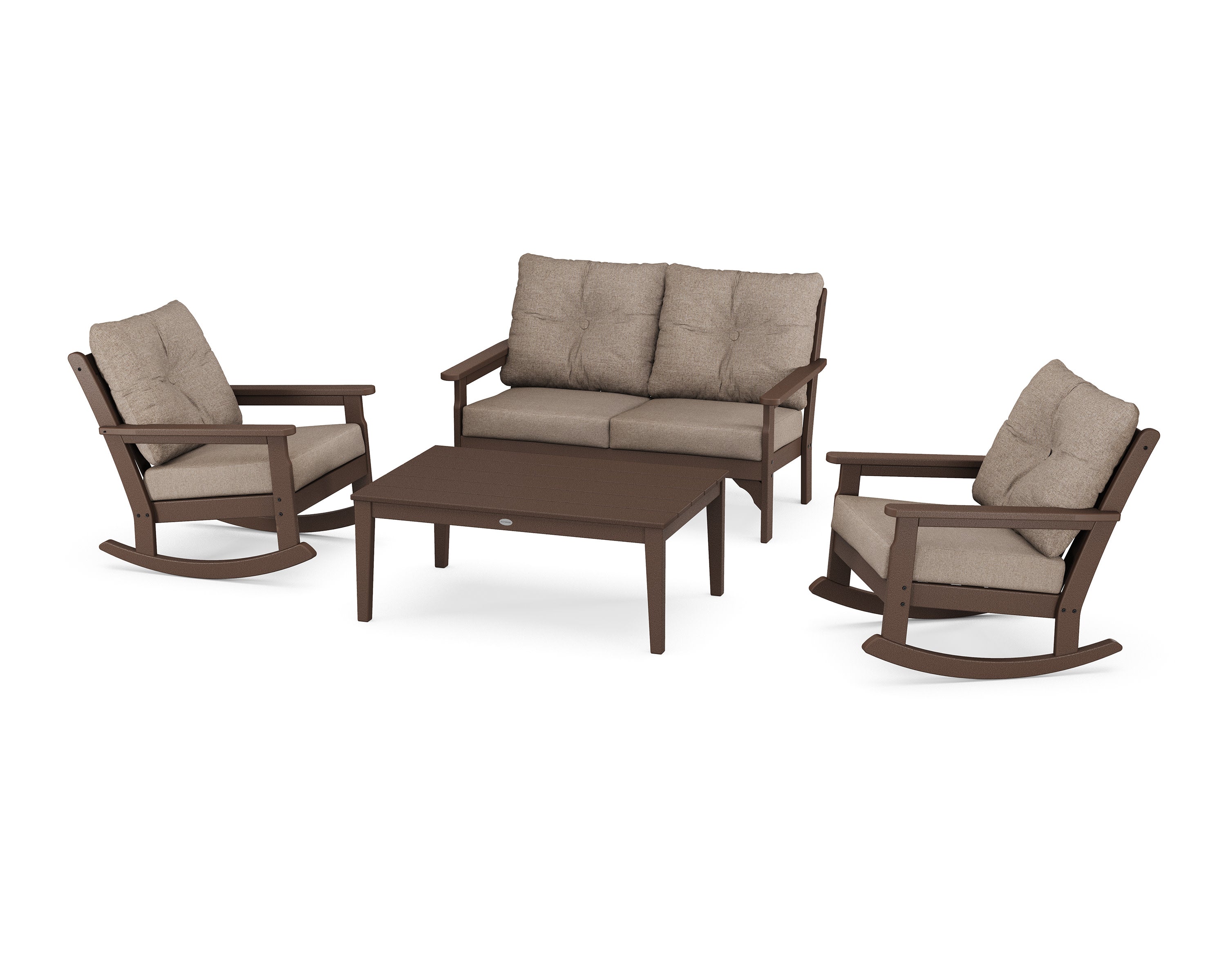 Vineyard 4-Piece Deep Seating Rocking Chair Set in Mahogany / Spiced Burlap