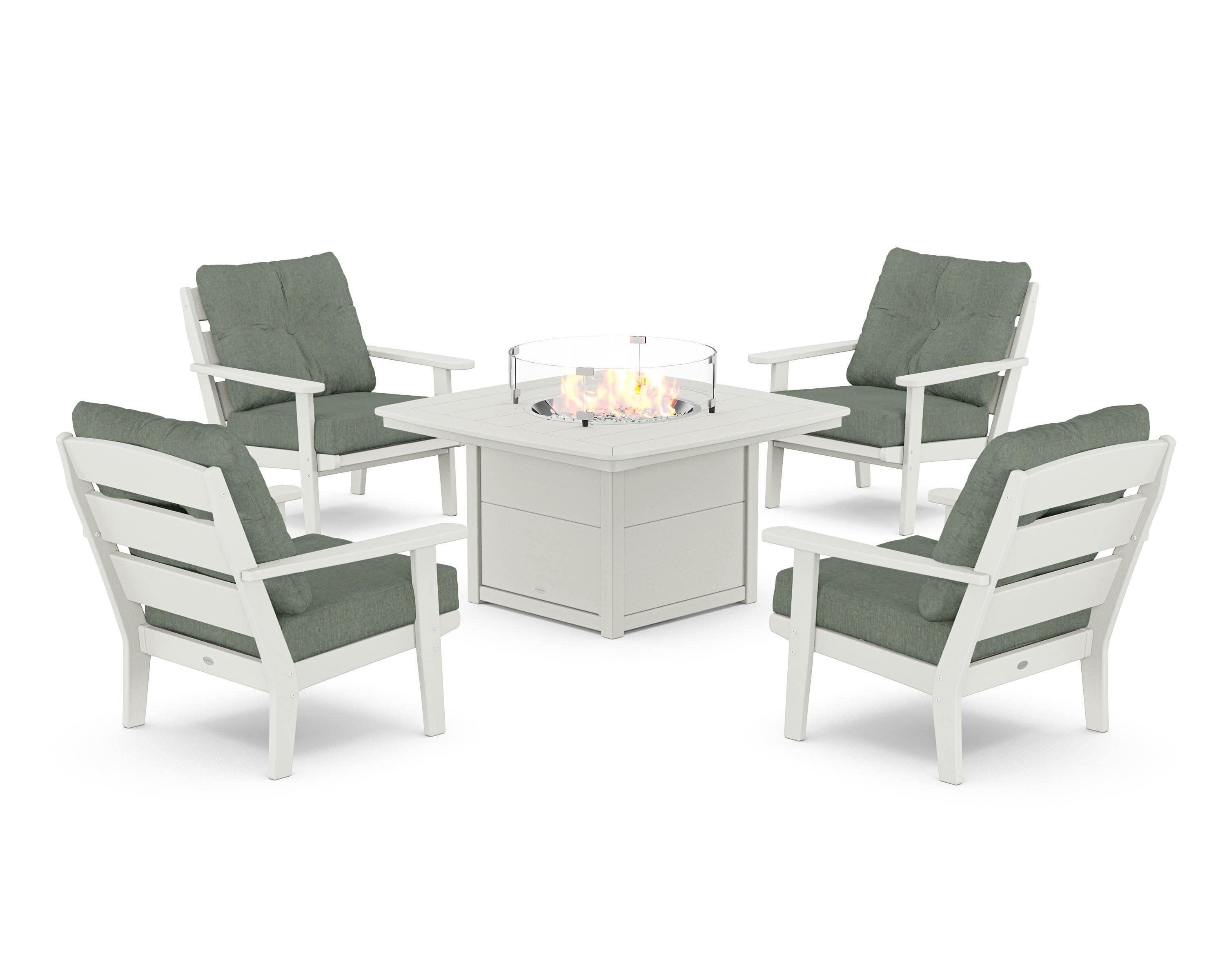 Lakeside 5-Piece Deep Seating Set with Nautical Fire Pit Table in Vintage White / Cast Sage