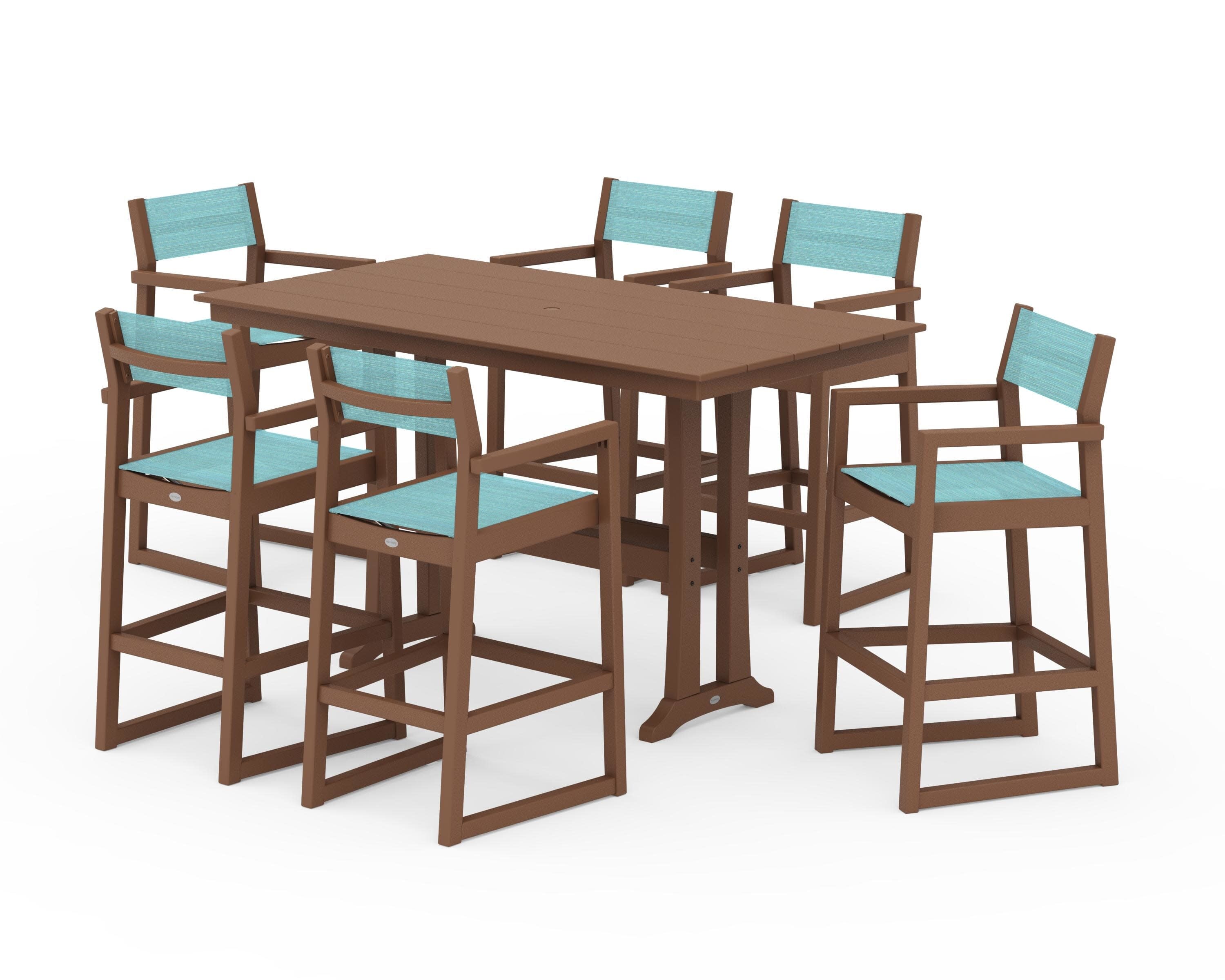 EDGE Sling Arm Chair 7-Piece Farmhouse Bar Set with Trestle Legs in Teak / Dupioni Aquamarine Sling