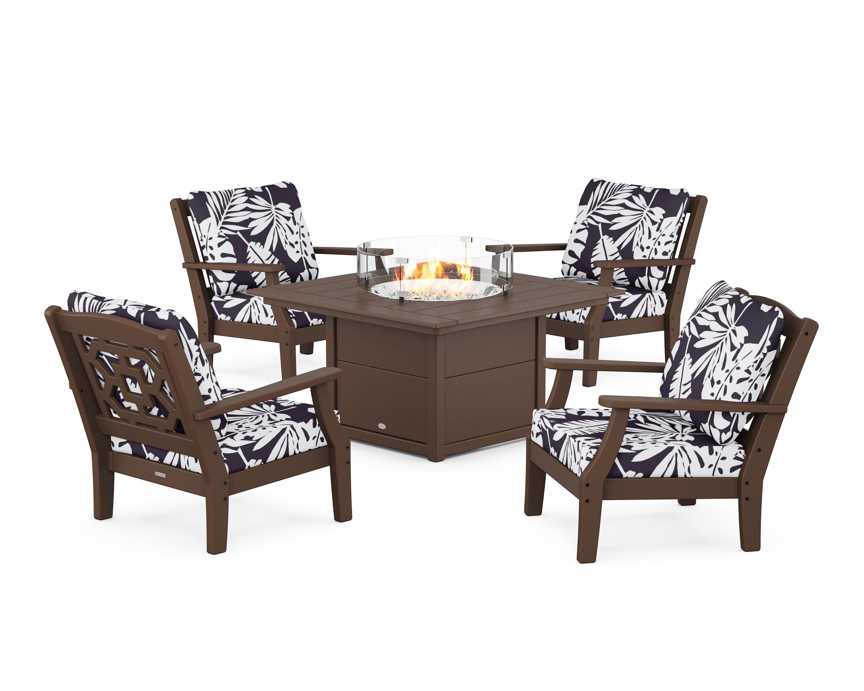 Chinoiserie 5-Piece Deep Seating Set with Fire Pit Table in Mahogany / Leaf Navy