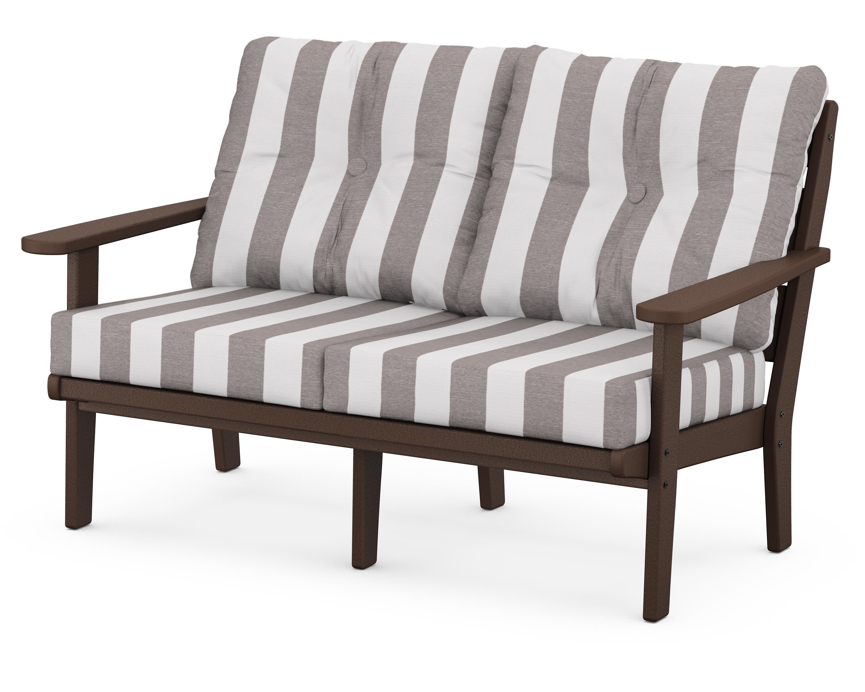 Lakeside Deep Seating Loveseat in Mahogany / Cabana Stripe Grey Mist