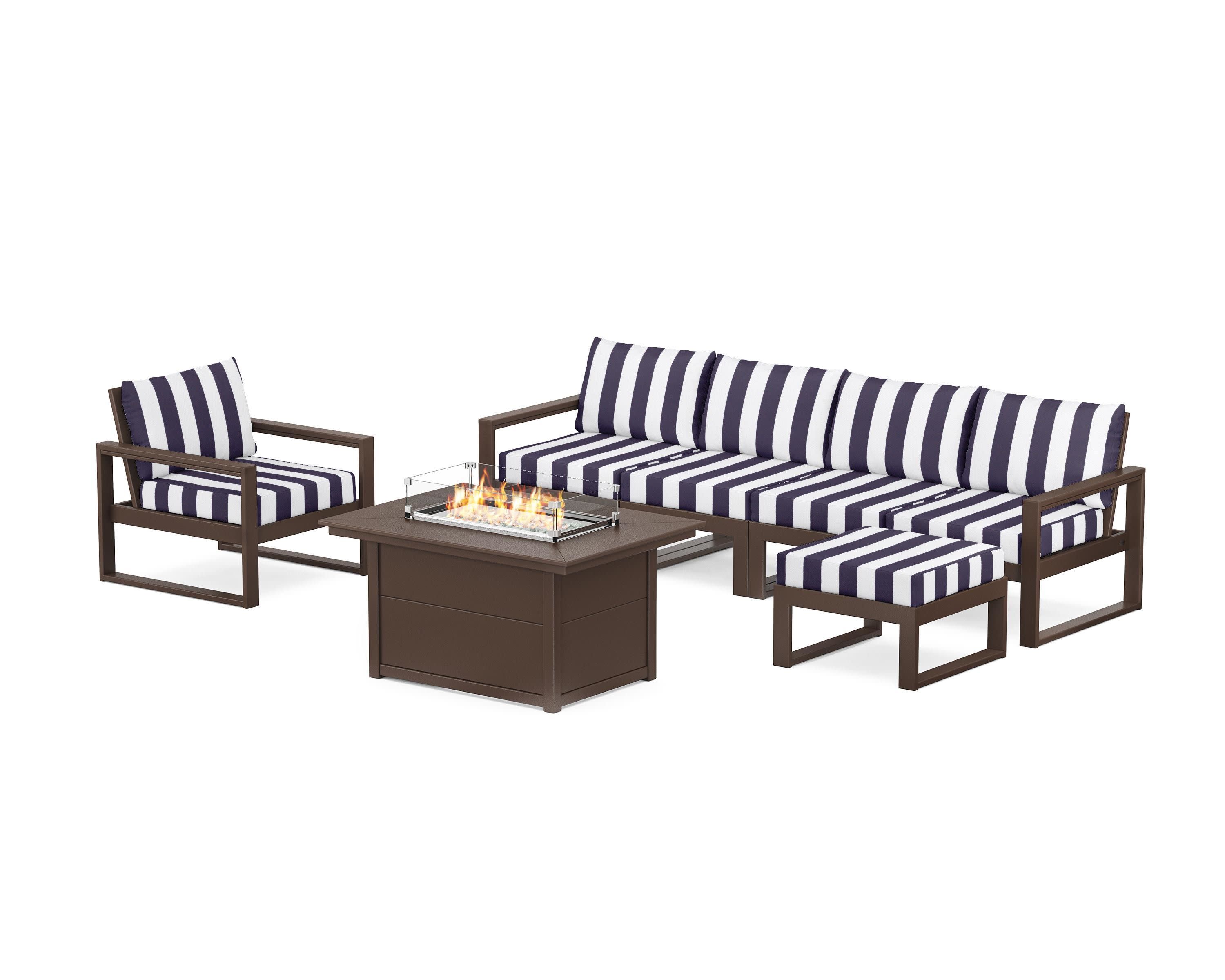 EDGE Sectional Lounge and Fire Pit Set in Mahogany / Cabana Stripe Navy