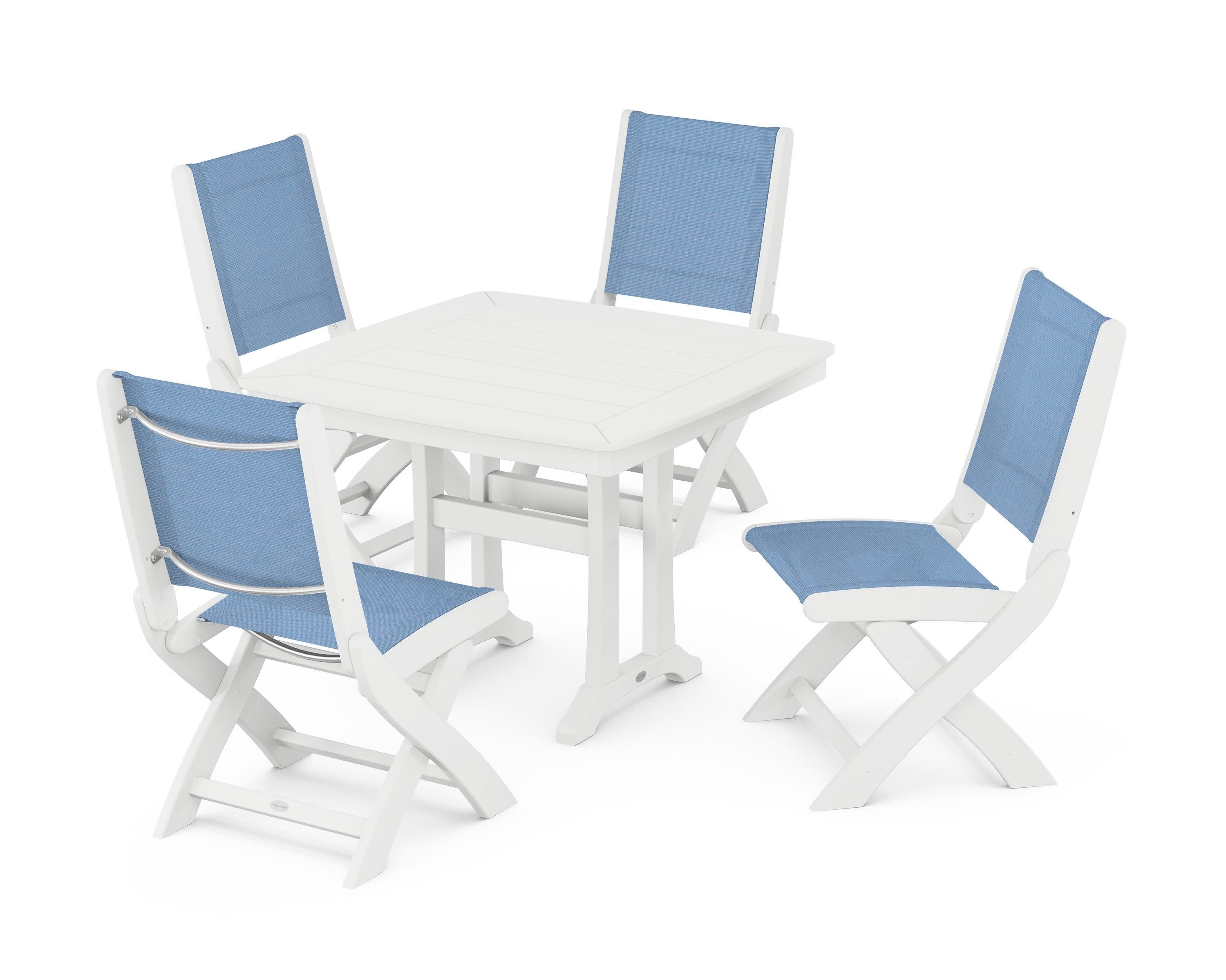 Coastal Folding Side Chair 5-Piece Dining Set with Trestle Legs in White / Poolside Sling