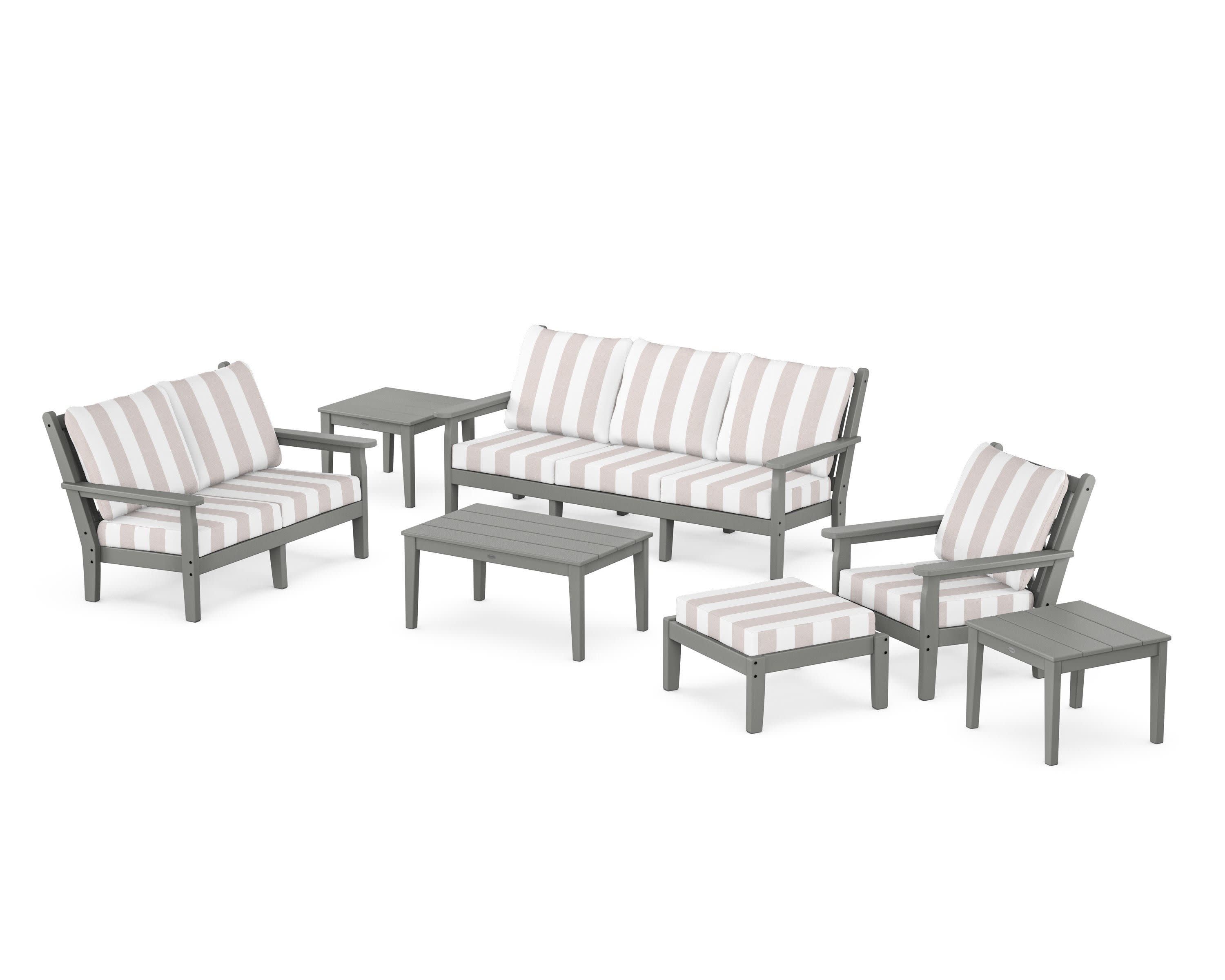Chippendale 7-Piece Deep Seating Set in Slate Grey / Cabana Stripe Dune Burlap