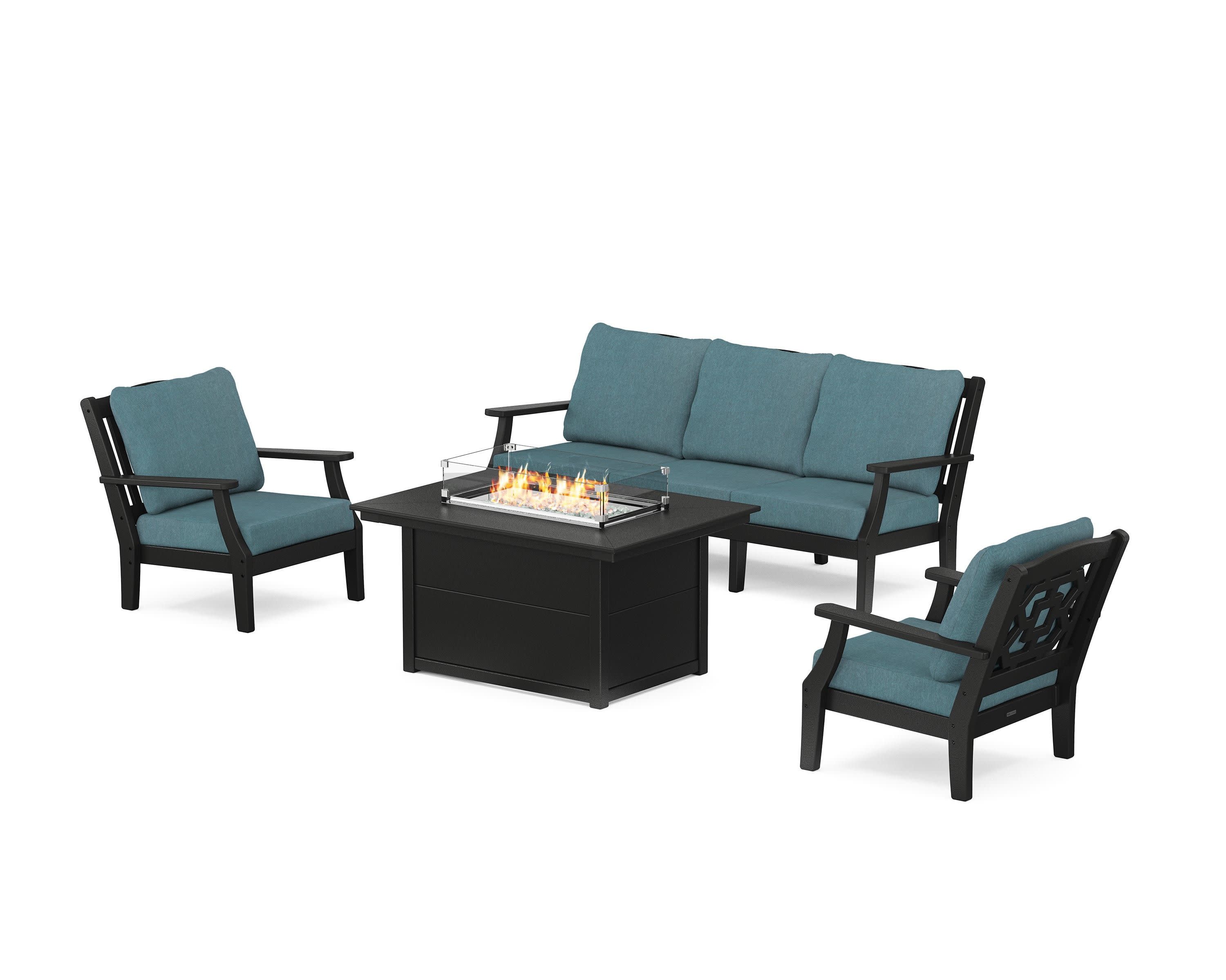 Chinoiserie Deep Seating Fire Pit Table Set in Black / Ocean Teal