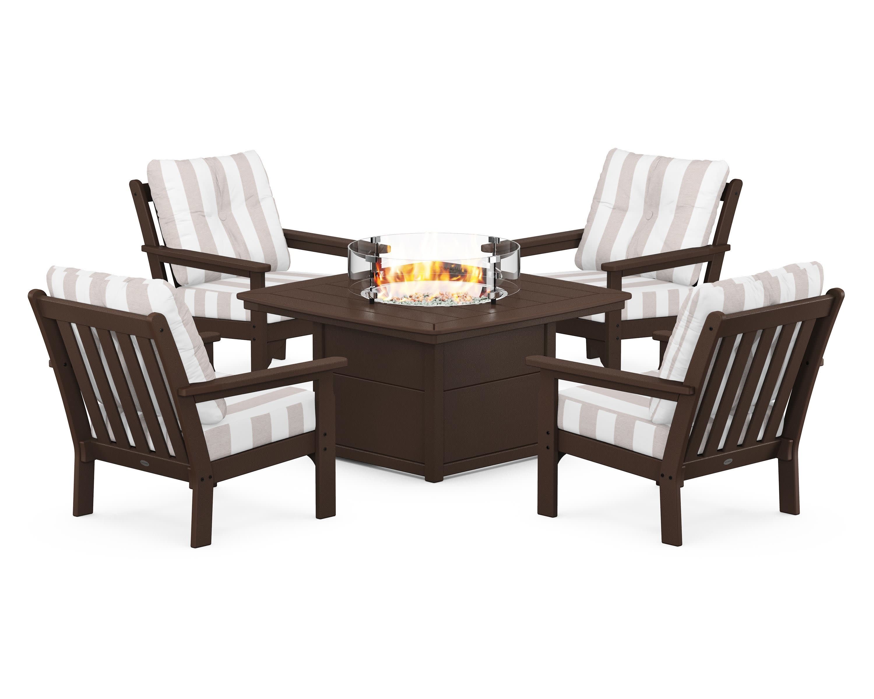 Vineyard 5-Piece Conversation Set with Fire Pit Table in Mahogany / Cabana Stripe Dune Burlap