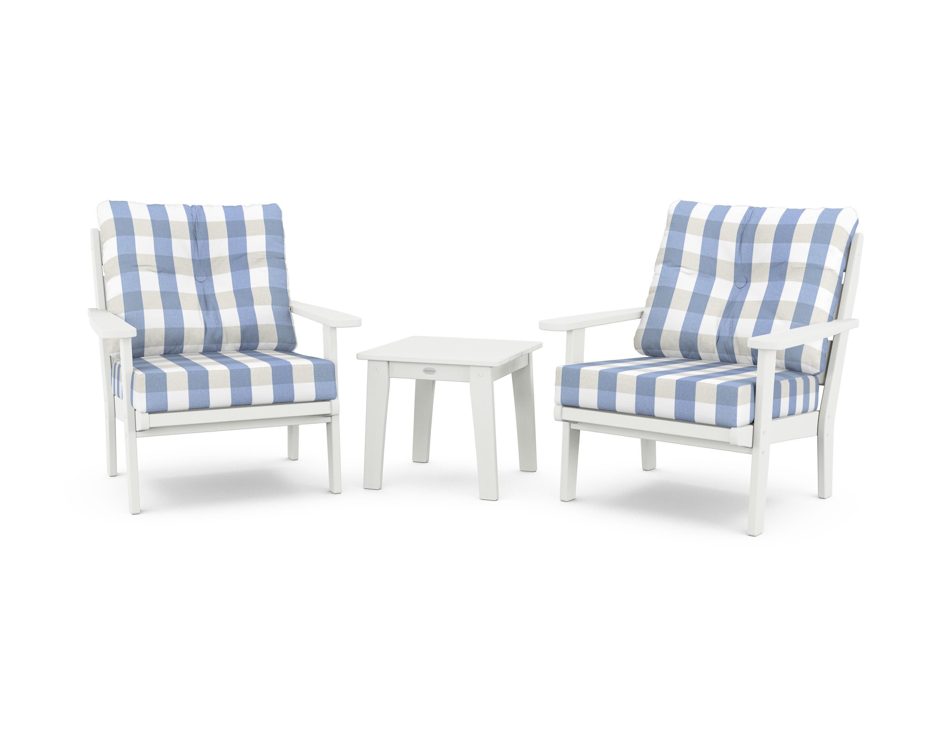 Lakeside 3-Piece Deep Seating Chair Set in Vintage White / Buffalo Plaid Sky Blue