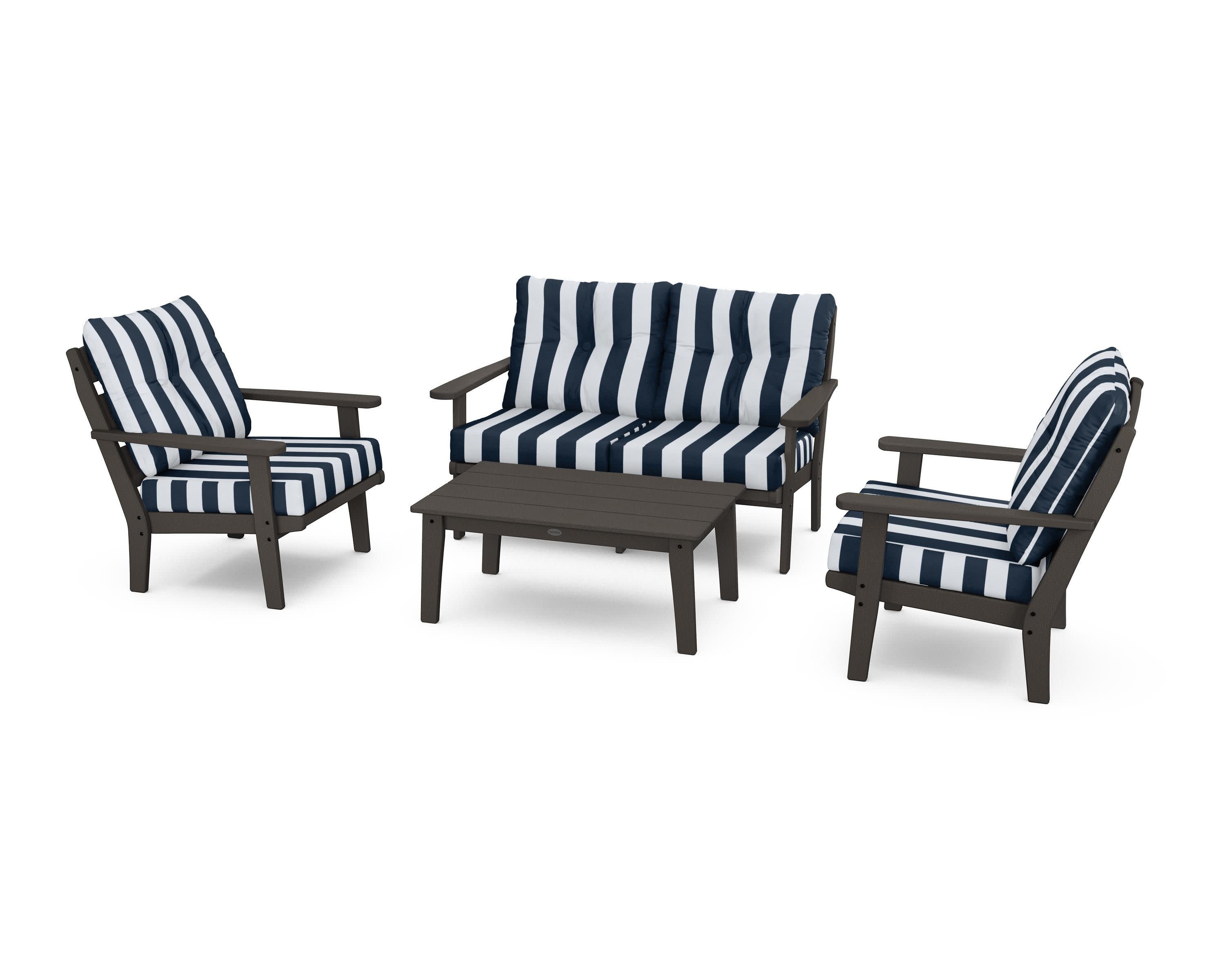 Lakeside 4-Piece Deep Seating Set in Vintage Coffee / Cabana Stripe Marine Indigo