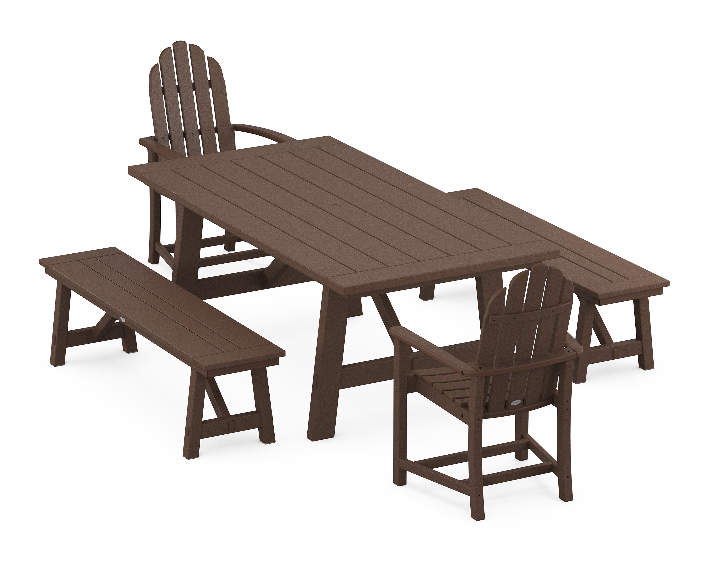 Classic Adirondack 5-Piece Rustic Farmhouse Dining Set With Benches in Mahogany