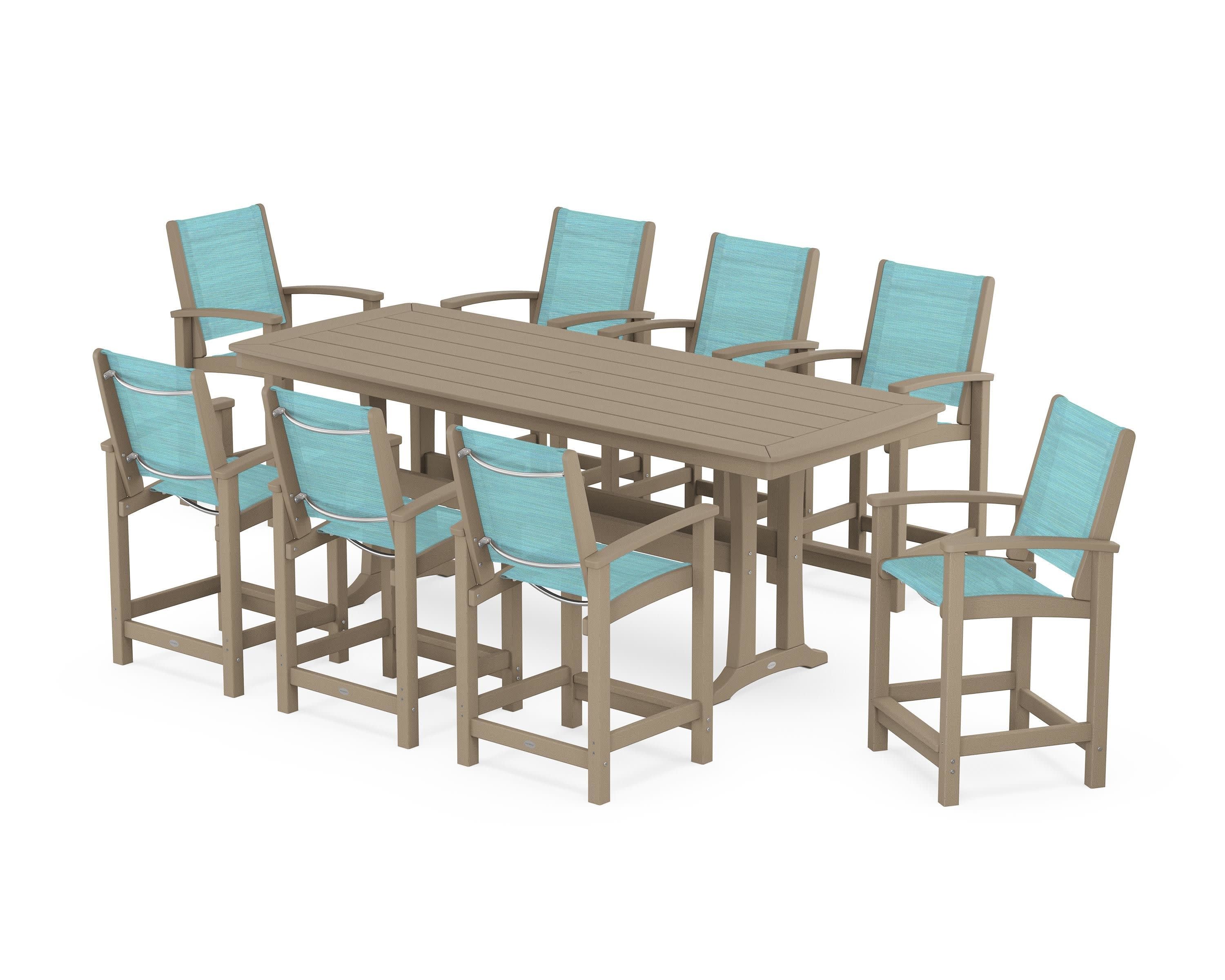 Coastal 9-Piece Counter Set with Trestle Legs in Vintage Sahara / Dupioni Aquamarine Sling