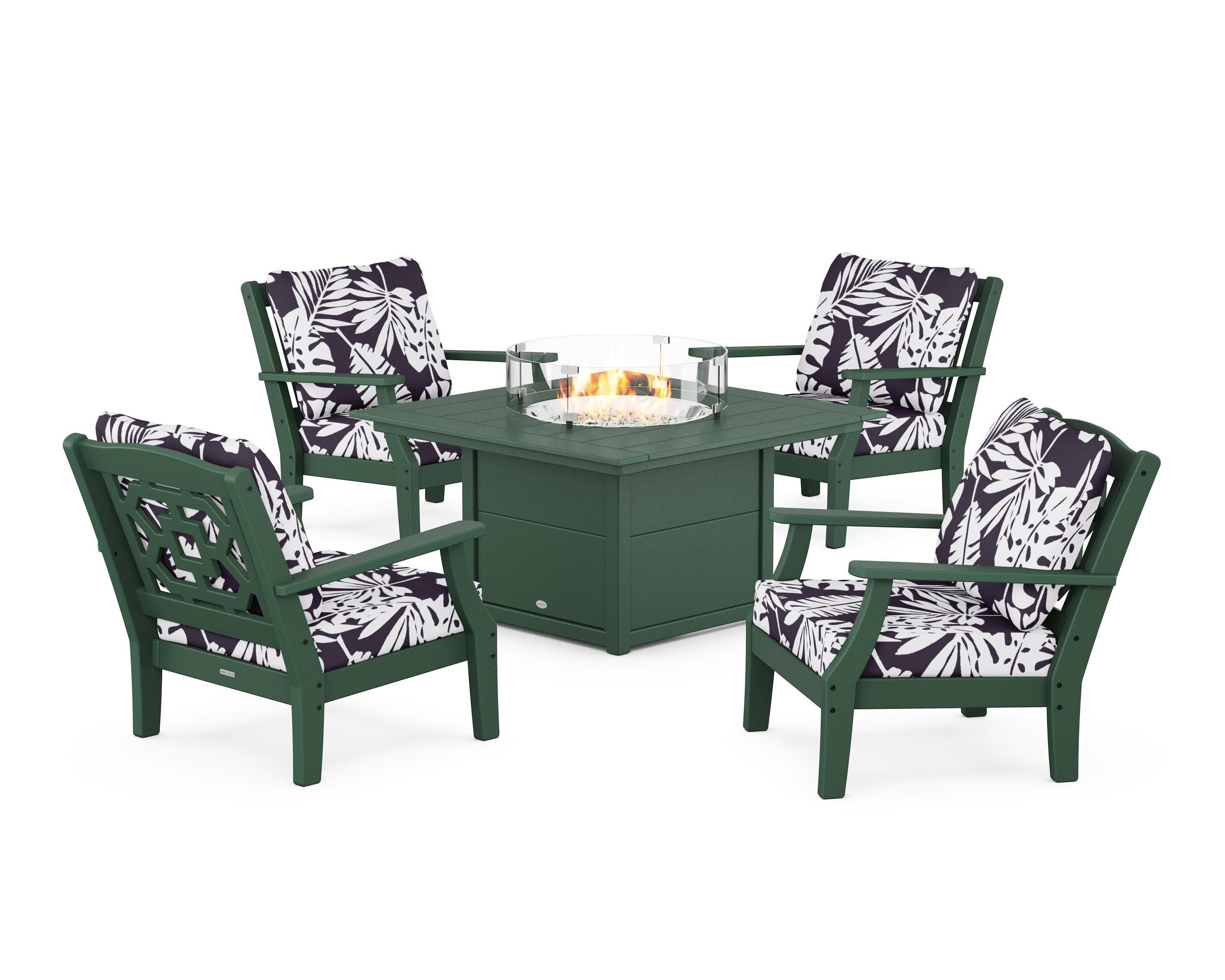 Chinoiserie 5-Piece Deep Seating Set with Fire Pit Table in Green / Leaf Navy