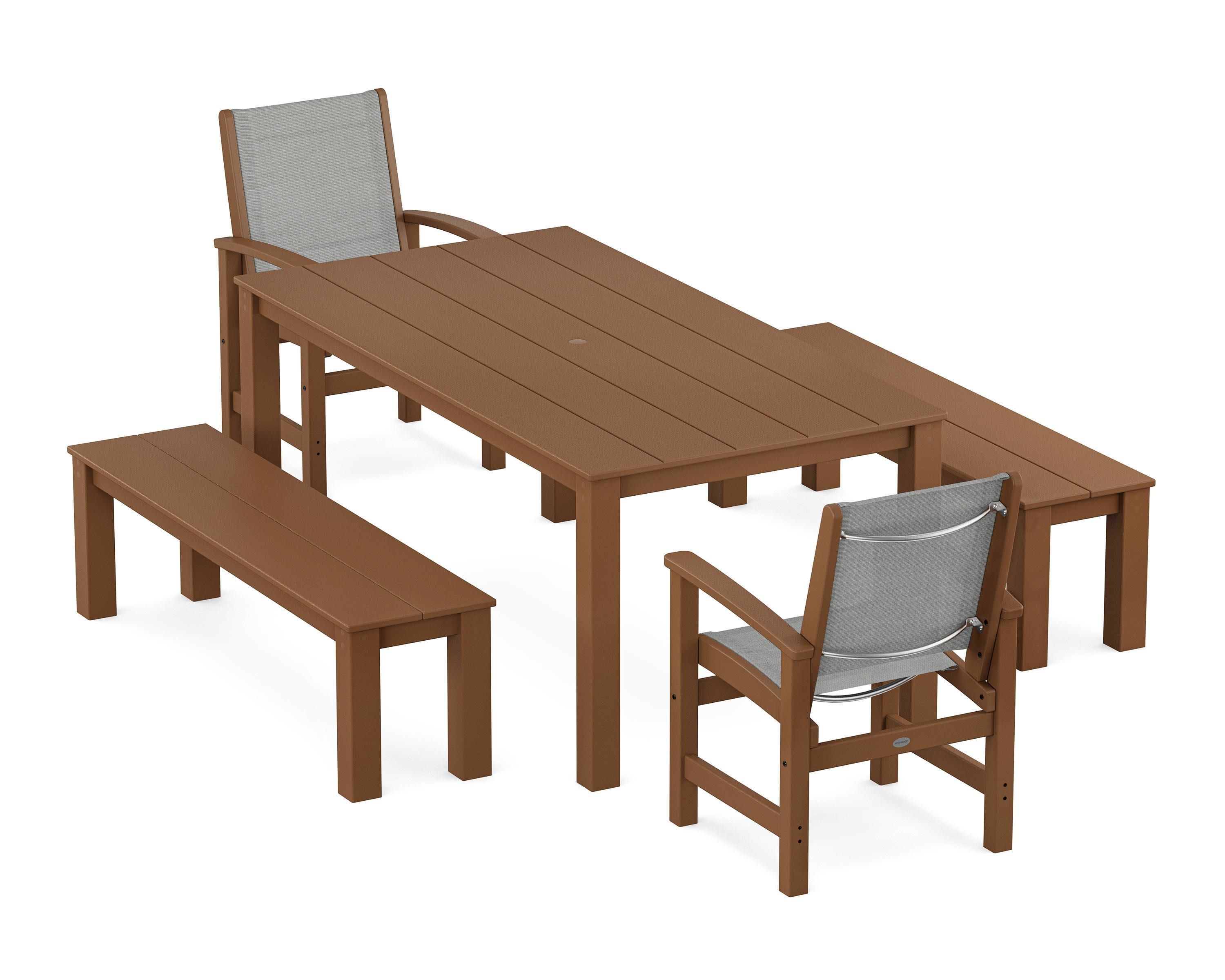 Coastal 5-Piece Parsons Dining Set with Benches in Teak / Metallic Sling