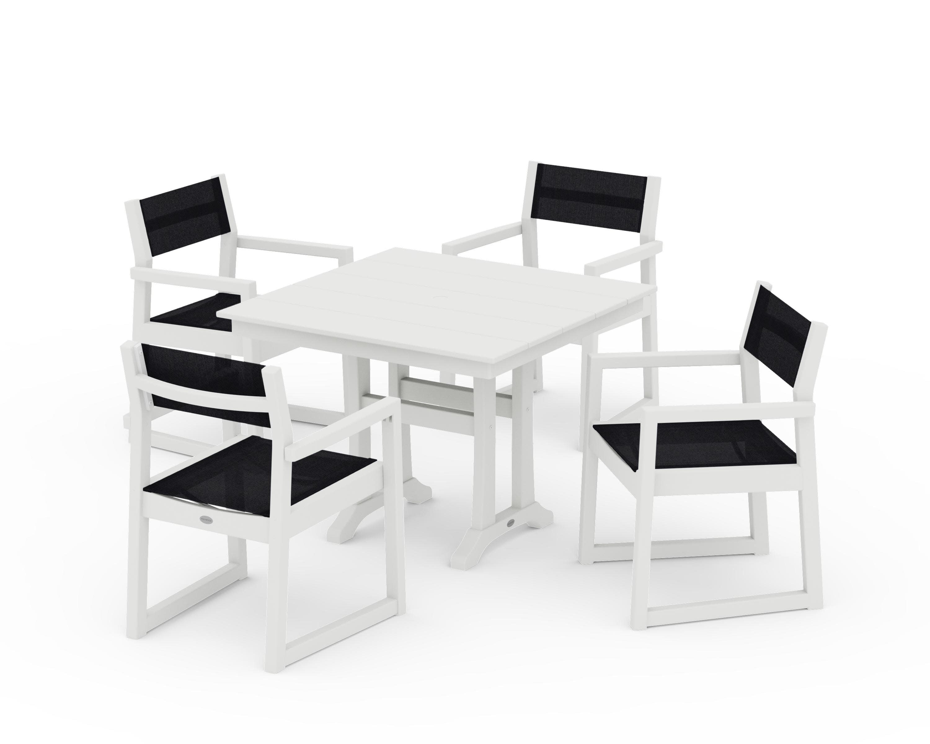 EDGE Sling 5-Piece Farmhouse Dining Set with Trestle Legs in Vintage White / Black Sling