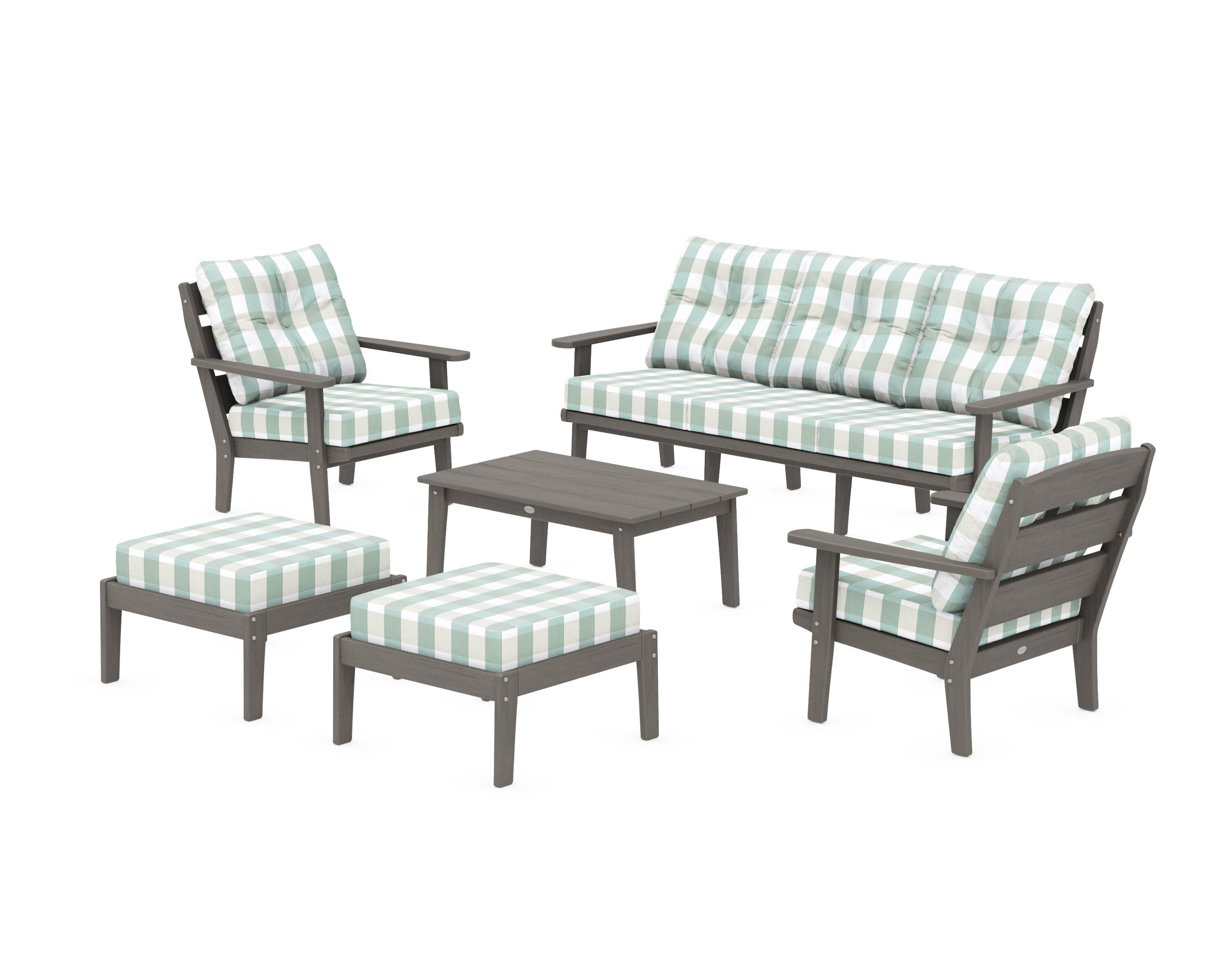 Lakeside 6-Piece Lounge Sofa Set in Driftwood / Buffalo Plaid Glacier Spa