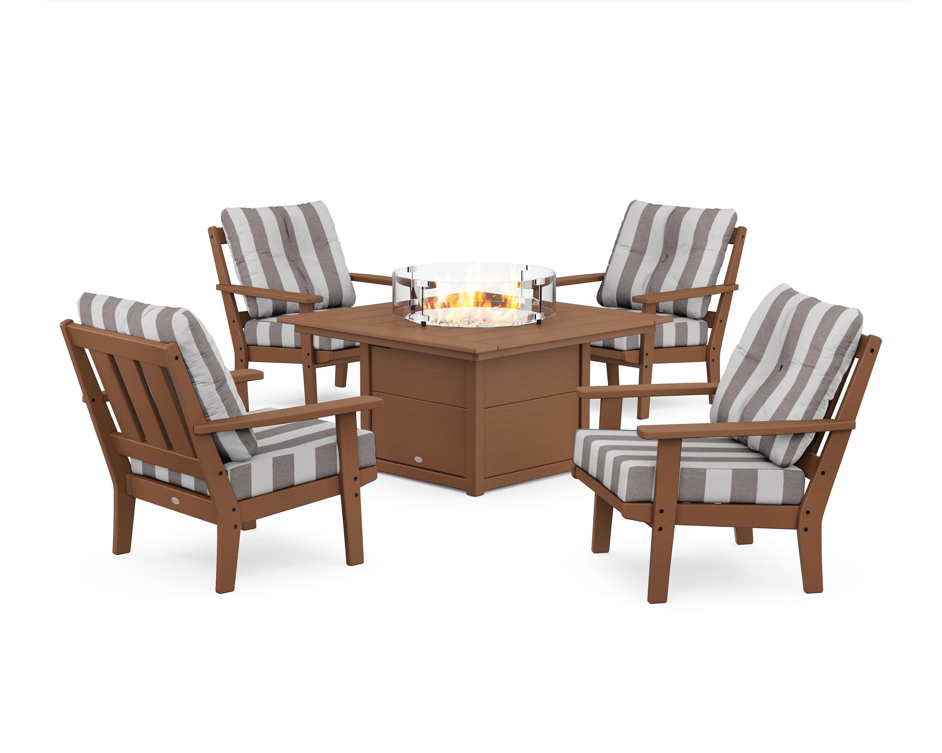 Oxford 5-Piece Deep Seating Set with Fire Pit Table in Teak / Cabana Stripe Grey Mist