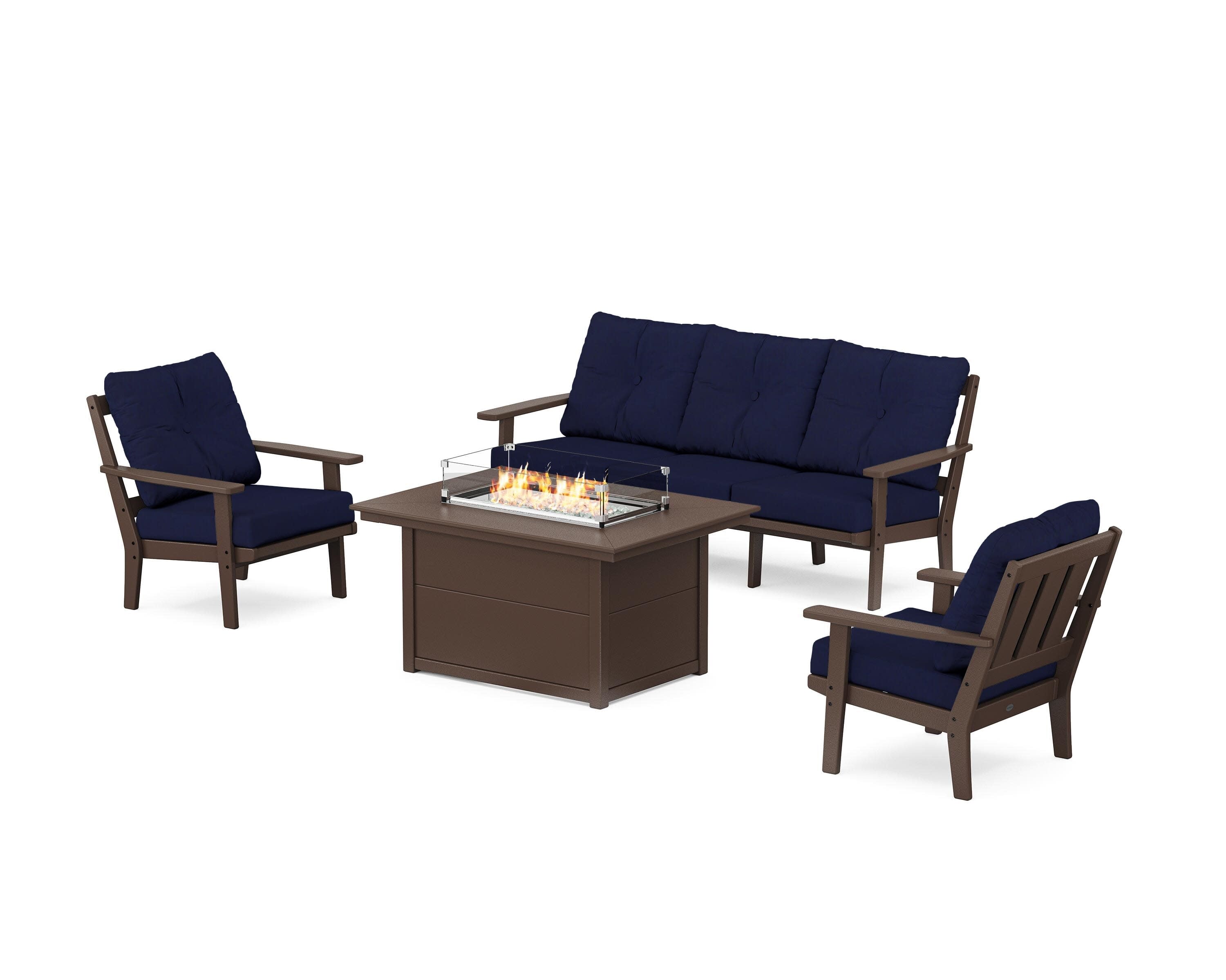 Oxford Deep Seating Fire Pit Table Set in Mahogany / Navy