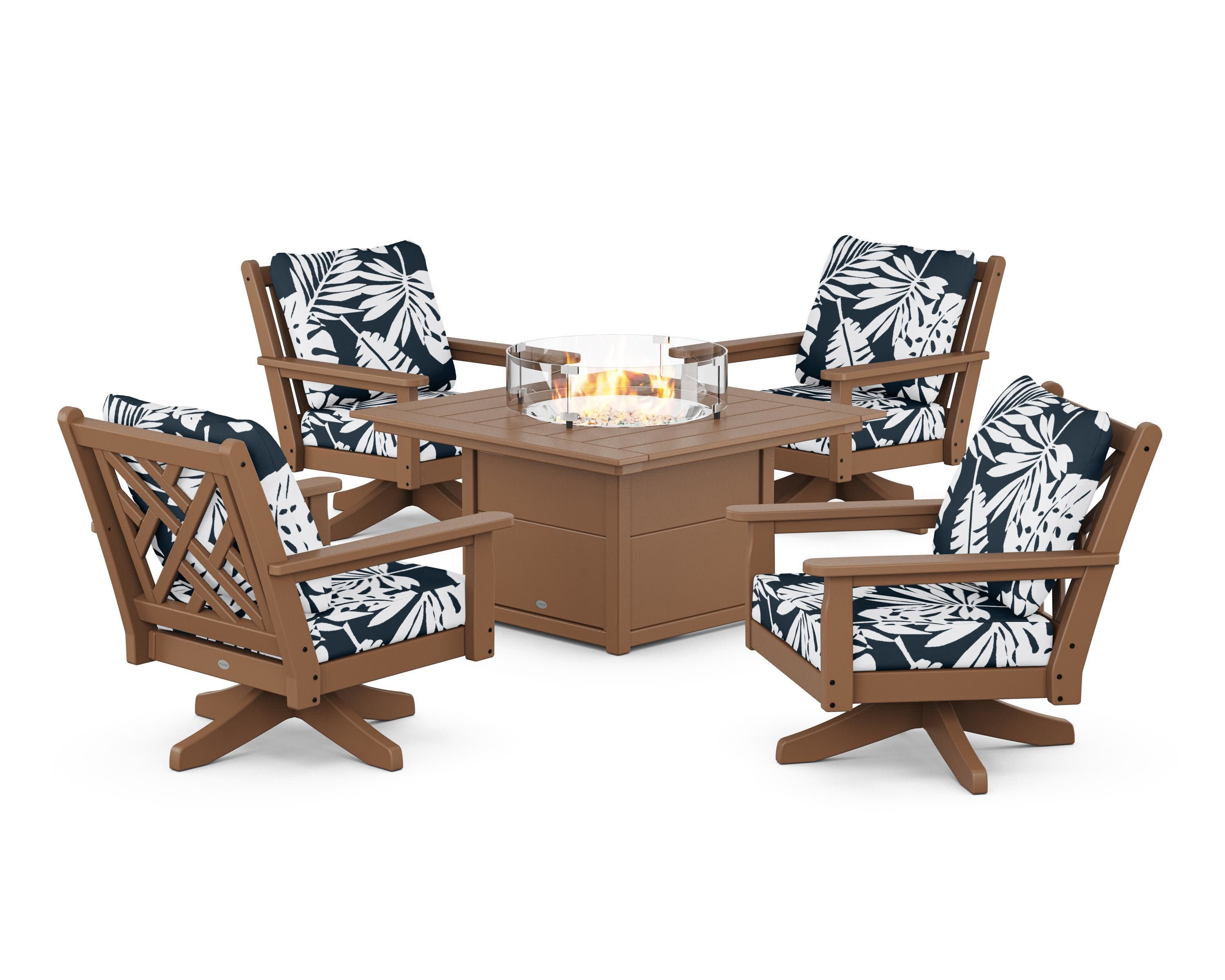 Chippendale 5-Piece Deep Seating Swivel Conversation Set with Fire Pit Table in Teak / Leaf Marine Indigo