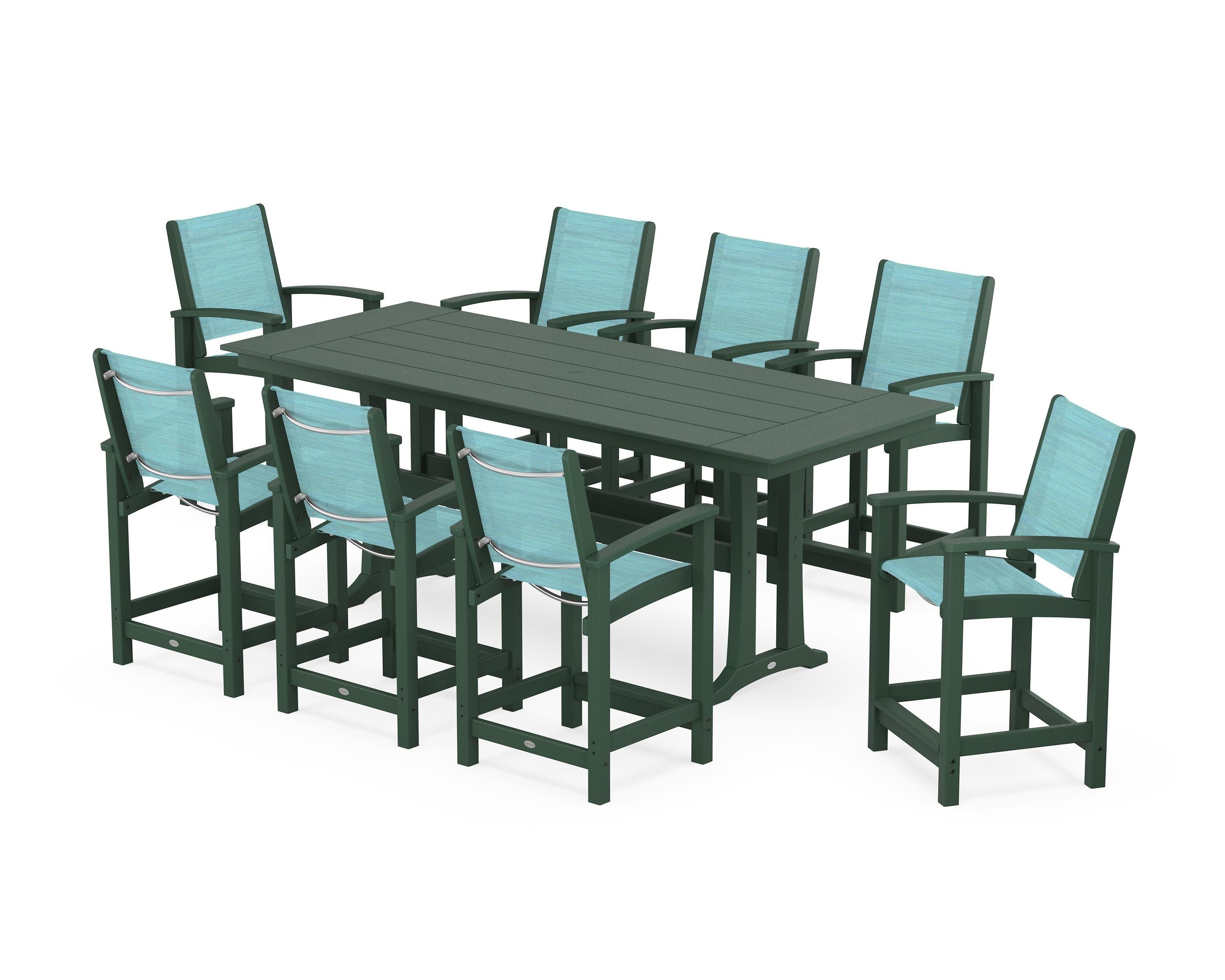 Coastal 9-Piece Farmhouse Counter Set with Trestle Legs in Green / Dupioni Aquamarine Sling