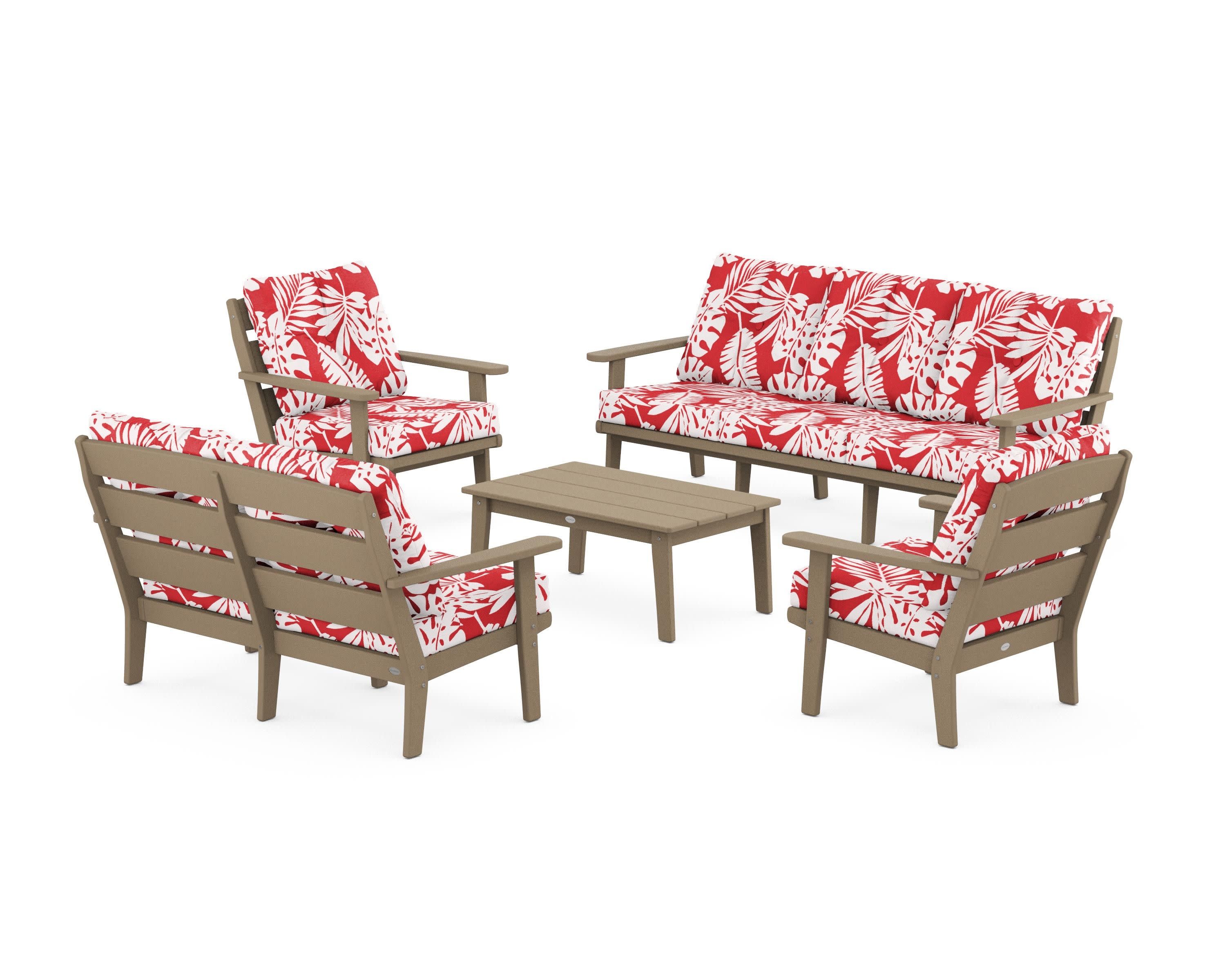 Lakeside 5-Piece Lounge Sofa Set in Vintage Sahara / Leaf Crimson