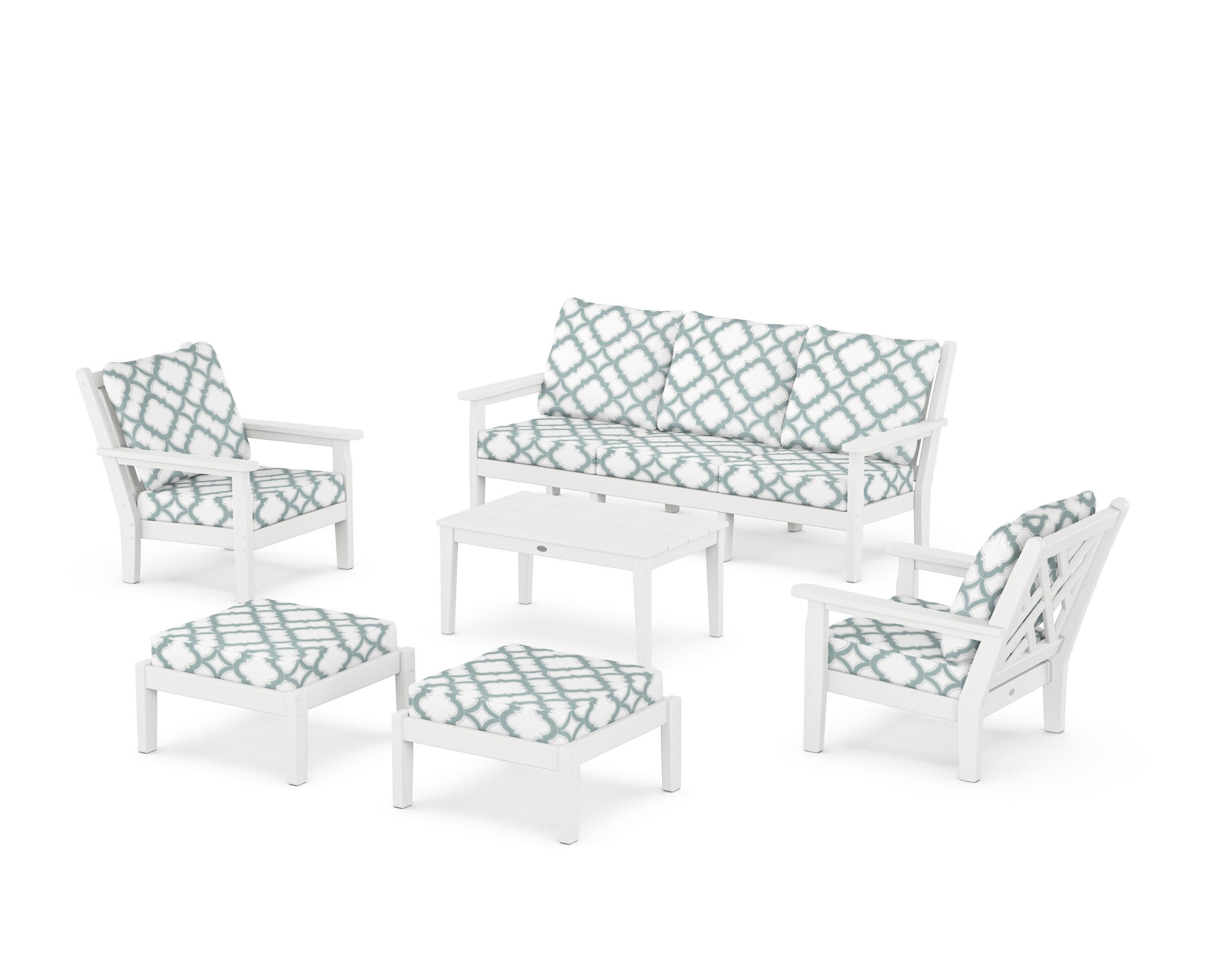 Chippendale 6-Piece Lounge Sofa Set in White / Trellis Glacier Spa