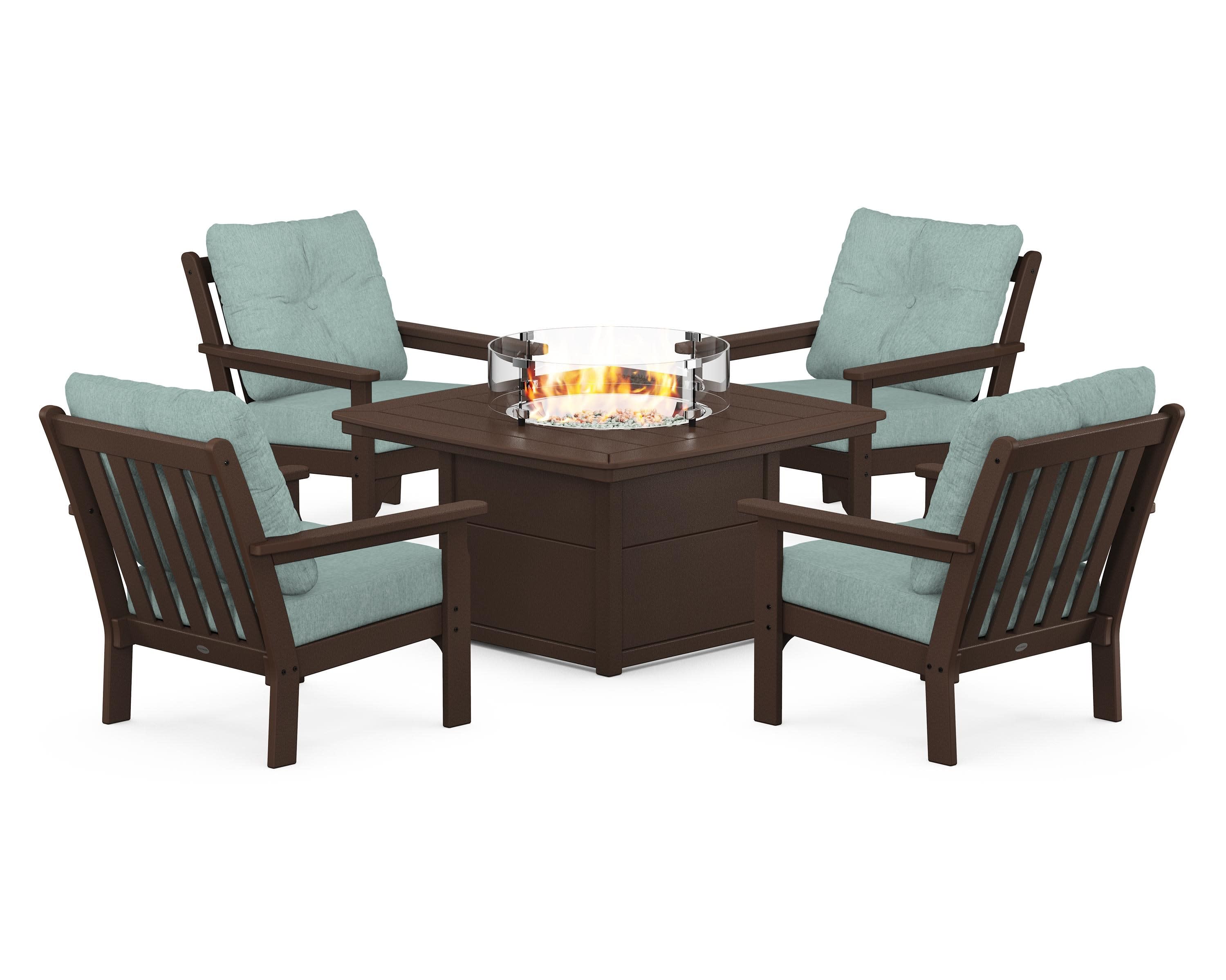 Vineyard 5-Piece Conversation Set with Fire Pit Table in Mahogany / Glacier Spa