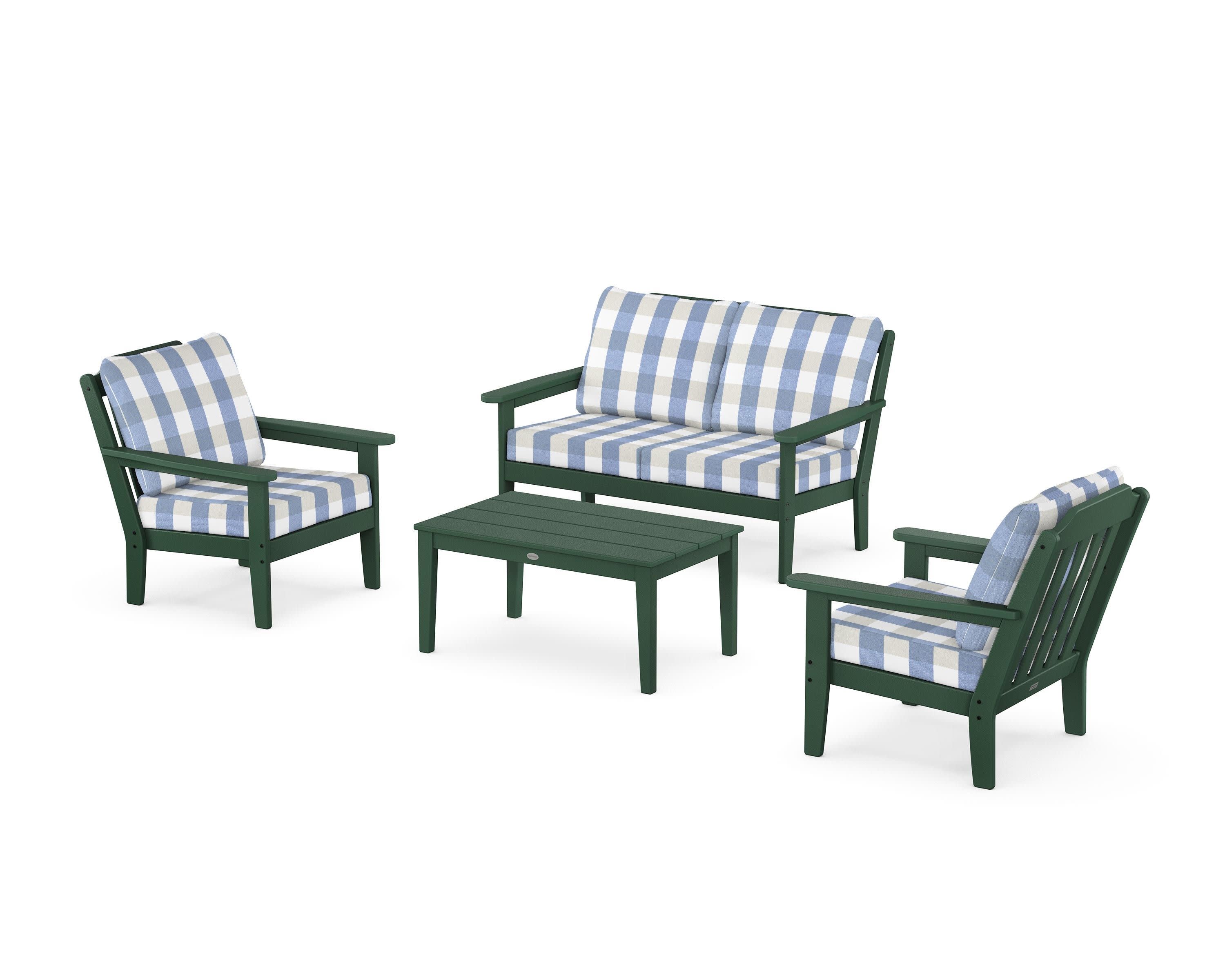 Cottage 4-Piece Deep Seating Set with Loveseat in Green / Buffalo Plaid Sky Blue
