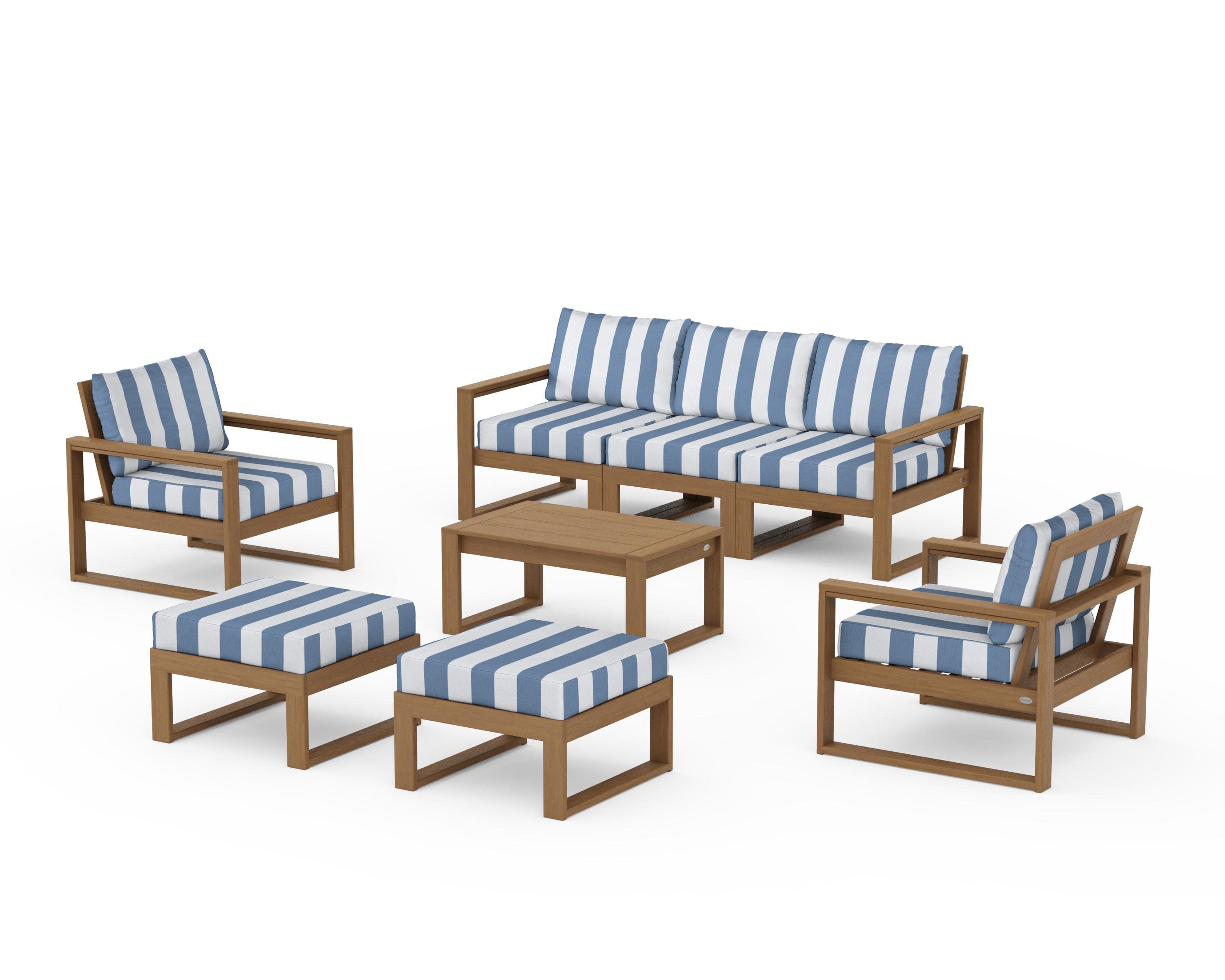EDGE Sectional 8-Piece Lounge Sofa Set in Natural / Cabana Stripe Sky Blue