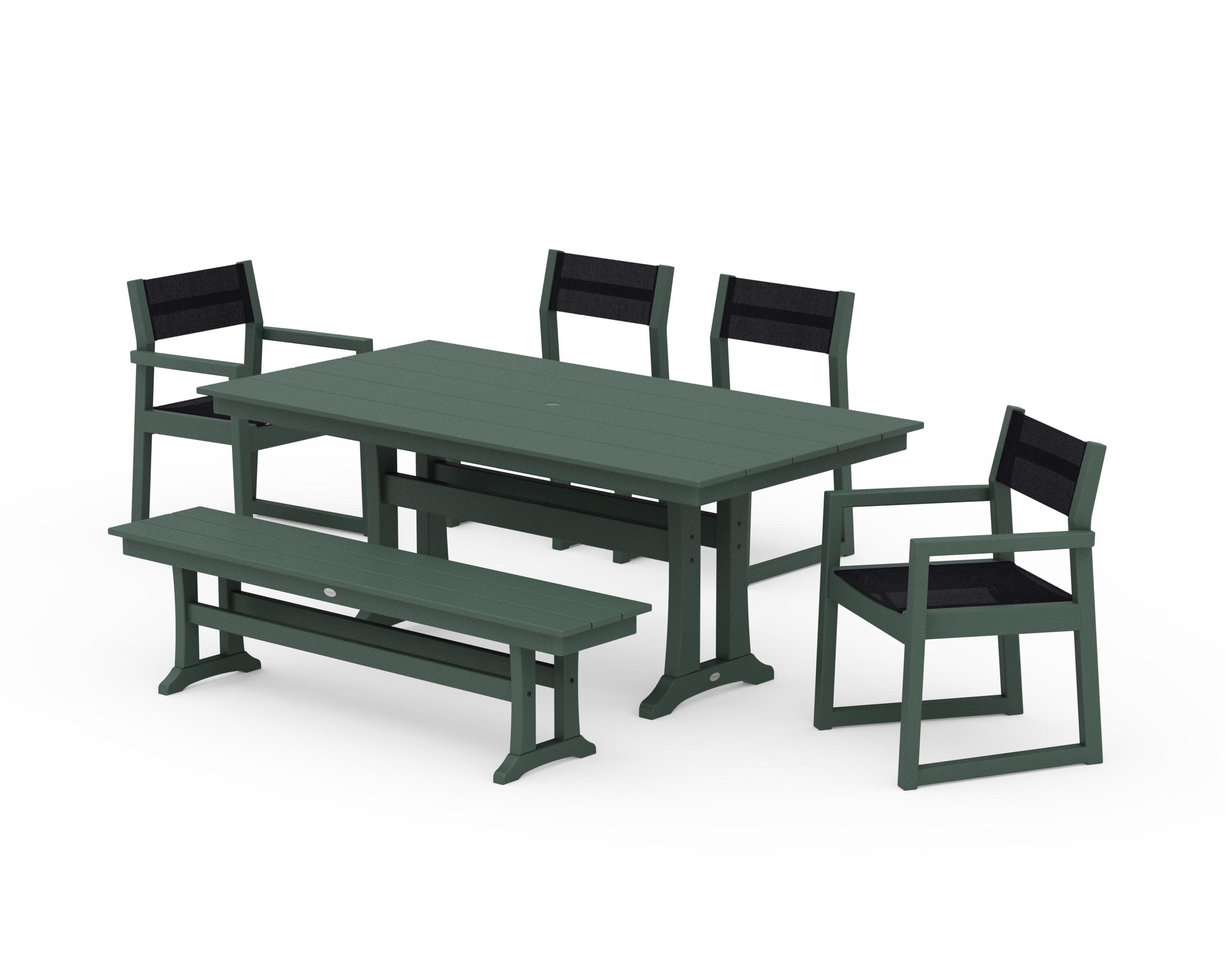 EDGE Sling 6-Piece Farmhouse Dining Set With Trestle Legs in Green / Black Sling