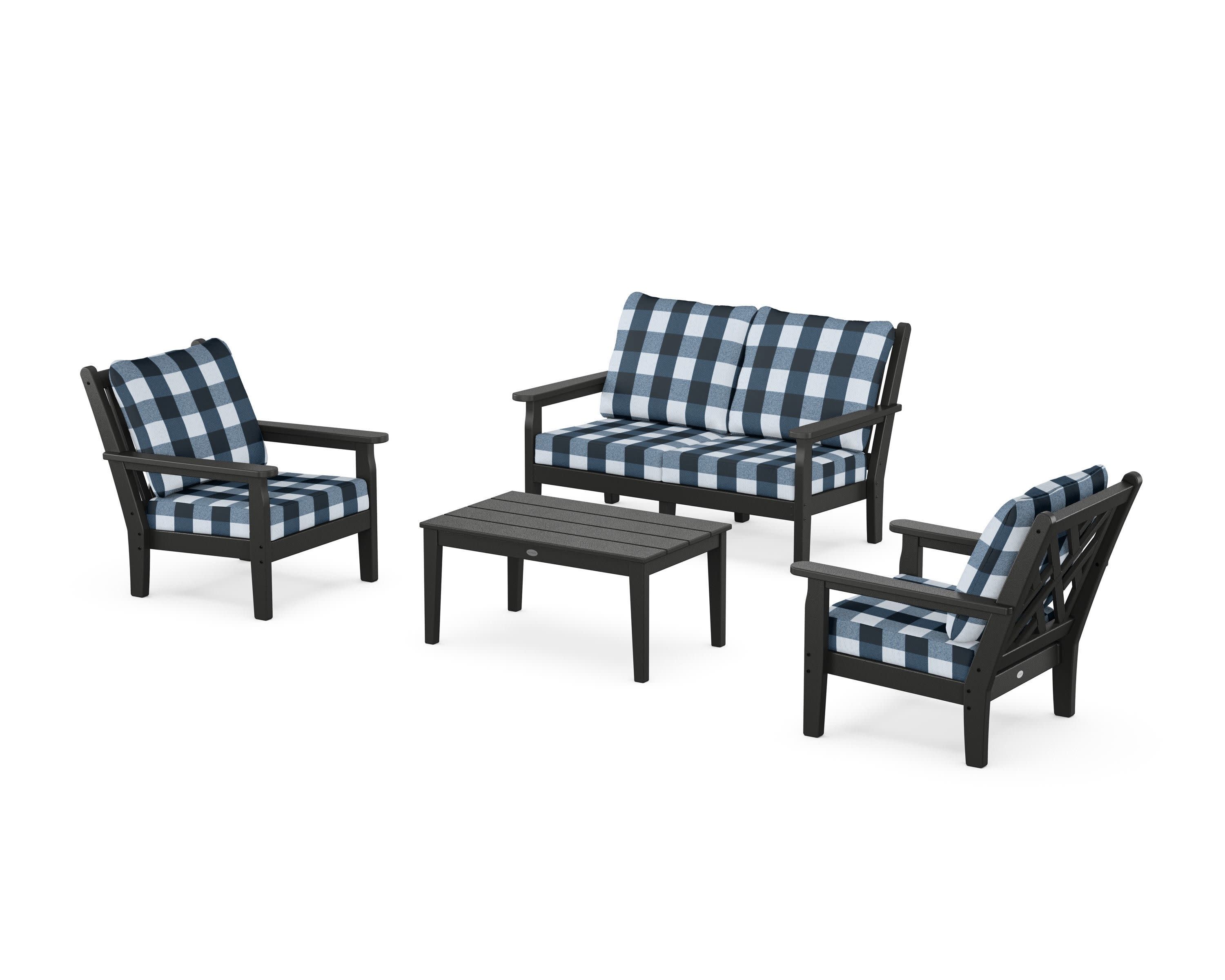 Chippendale 4-Piece Deep Seating Set with Loveseat in Black / Buffalo Plaid Marine Indigo