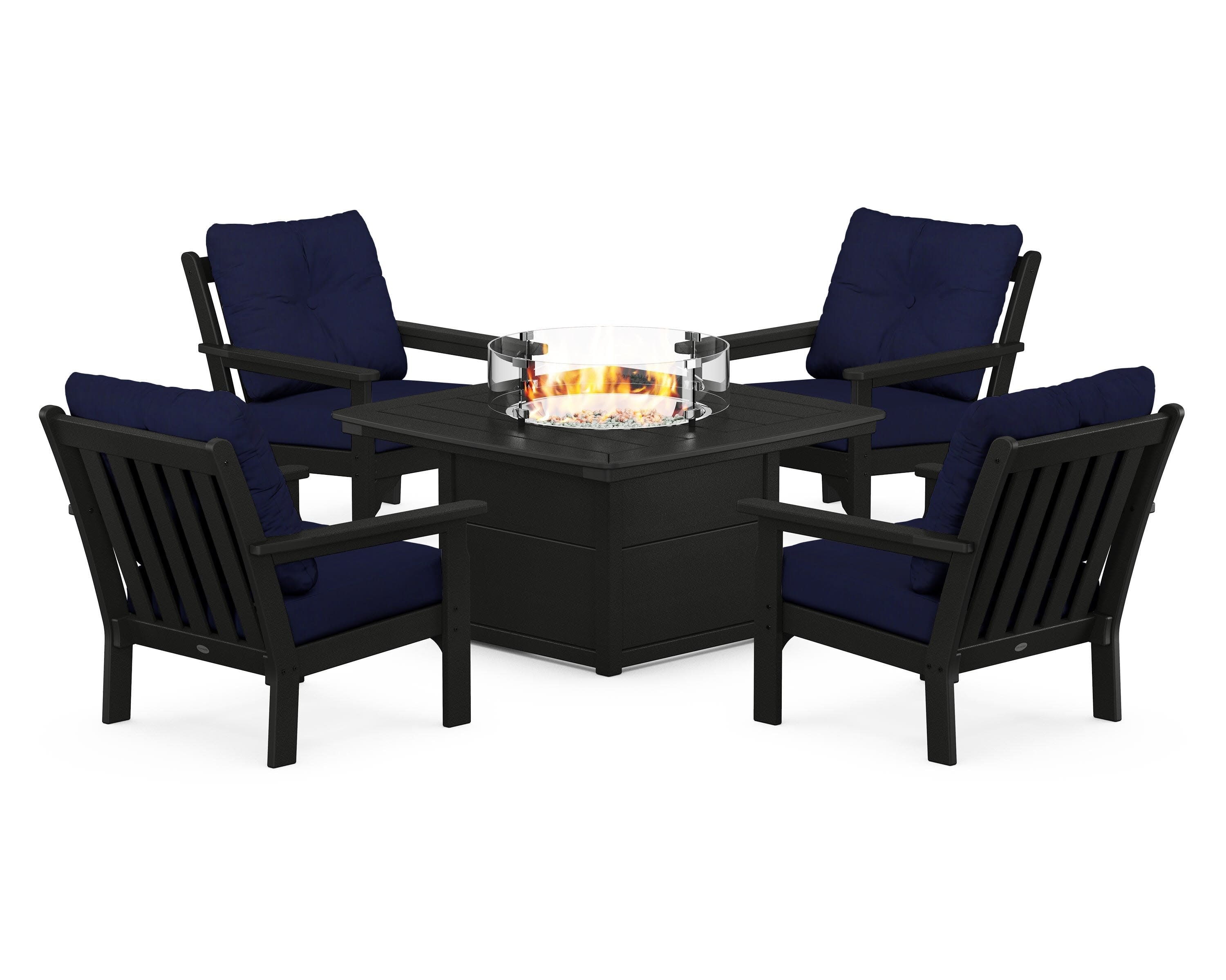 Vineyard 5-Piece Conversation Set with Fire Pit Table in Black / Navy