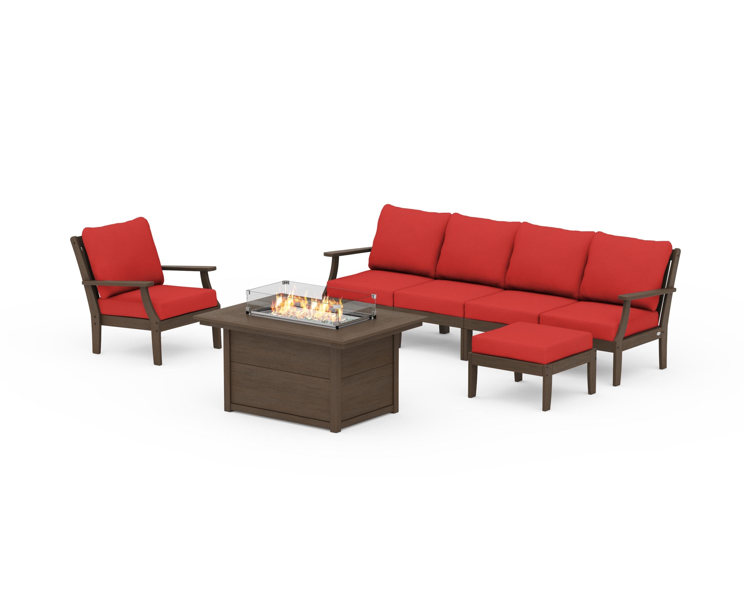 Braxton Sectional Lounge and Fire Pit Set in Kona / Crimson Linen