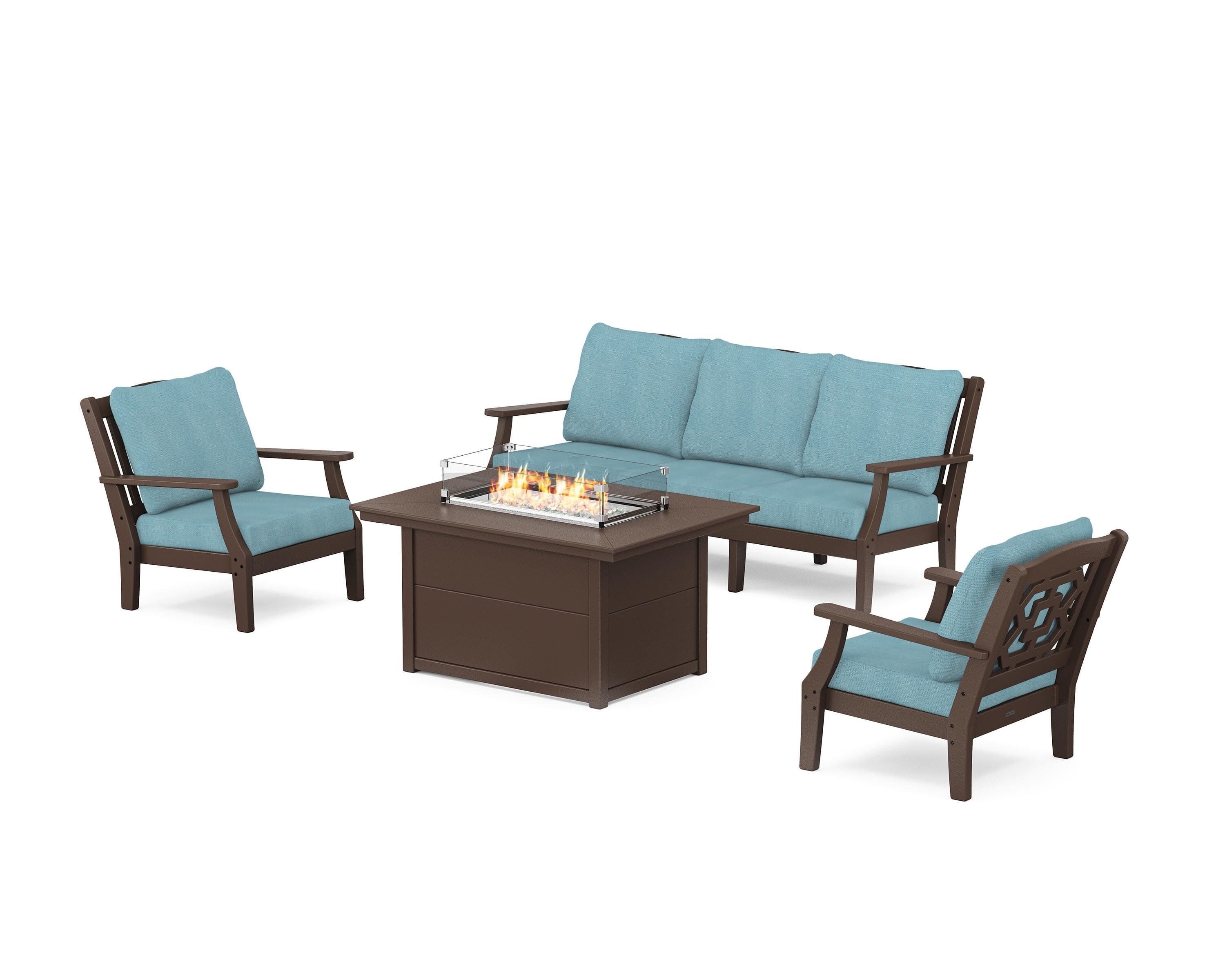 Chinoiserie Deep Seating Fire Pit Table Set in Mahogany / Lattice Sky Blue