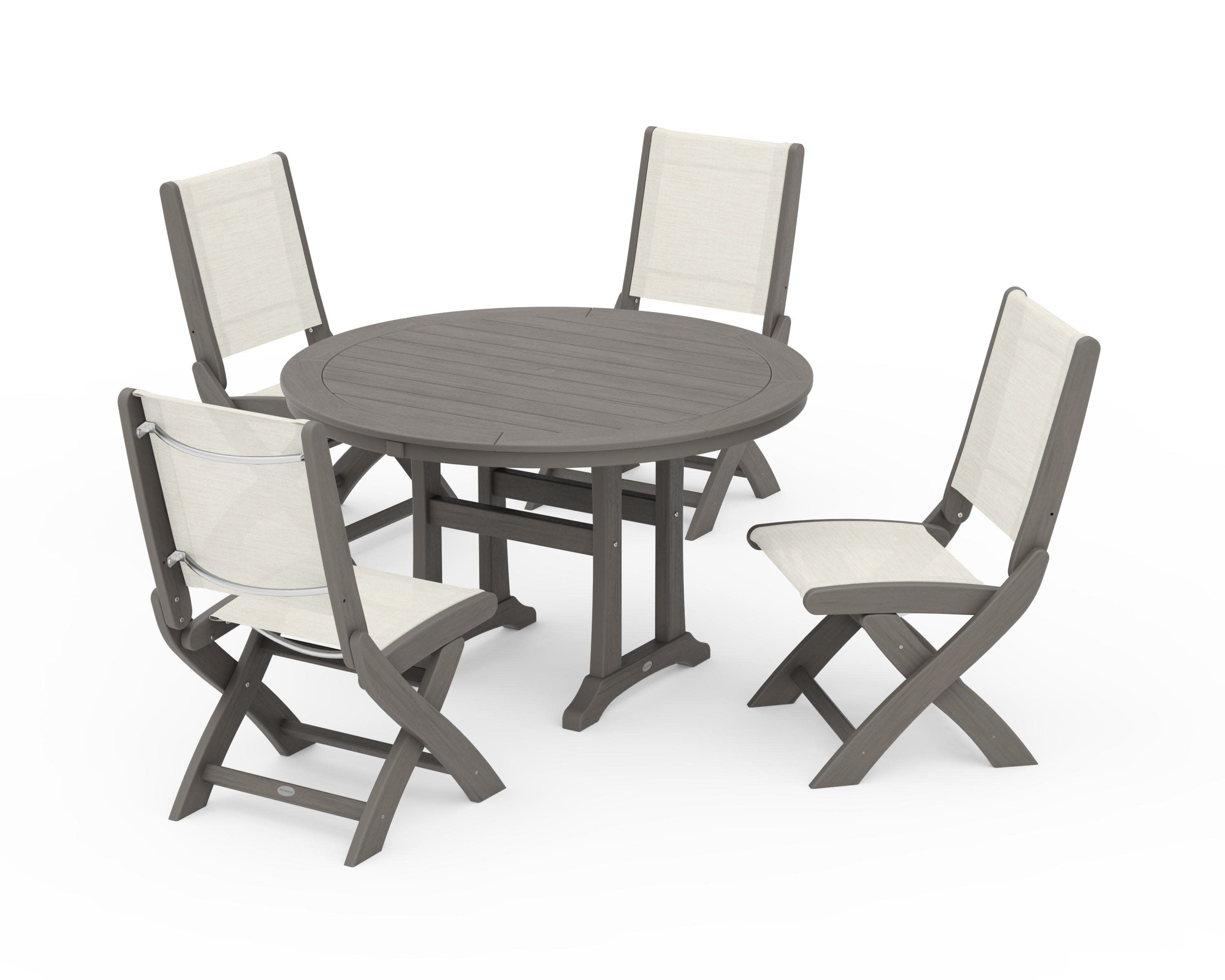 Coastal Folding Side Chair 5-Piece Round Dining Set With Trestle Legs in Driftwood / Parchment Sling