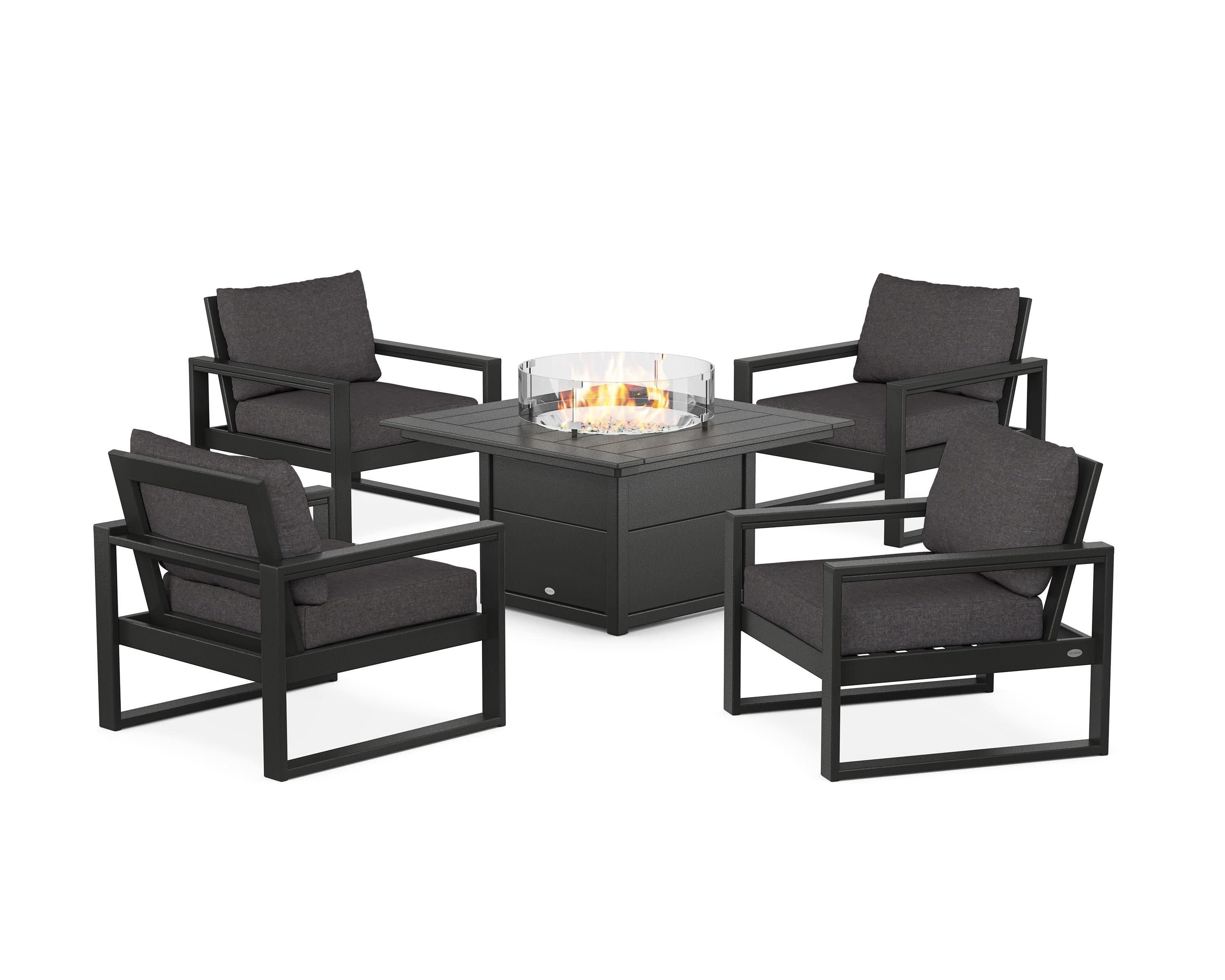 EDGE Sectional 5-Piece Deep Seating Set with Fire Pit Table in Black / Ash Charcoal