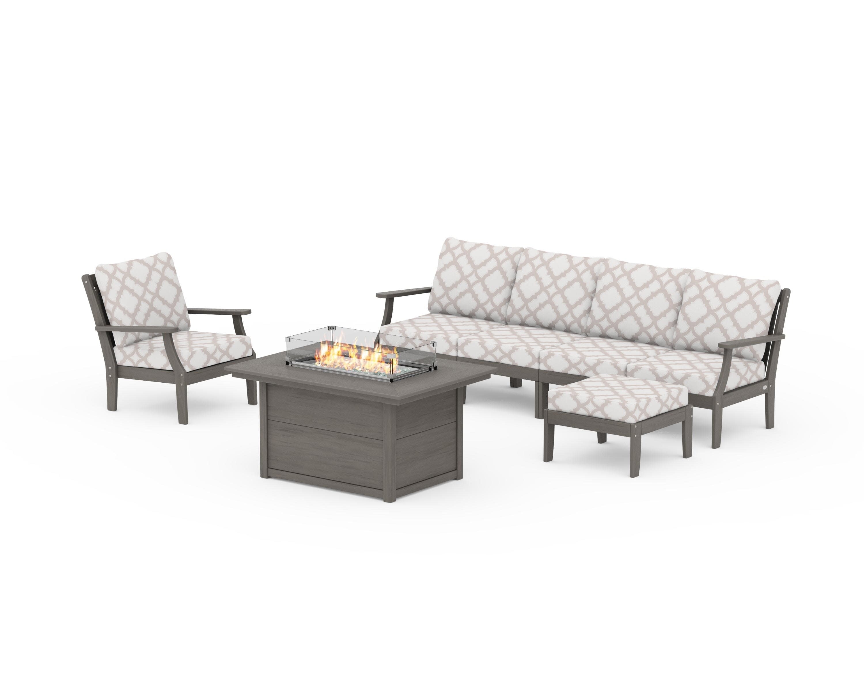 Braxton Sectional Lounge and Fire Pit Set in Driftwood / Trellis Dune Burlap