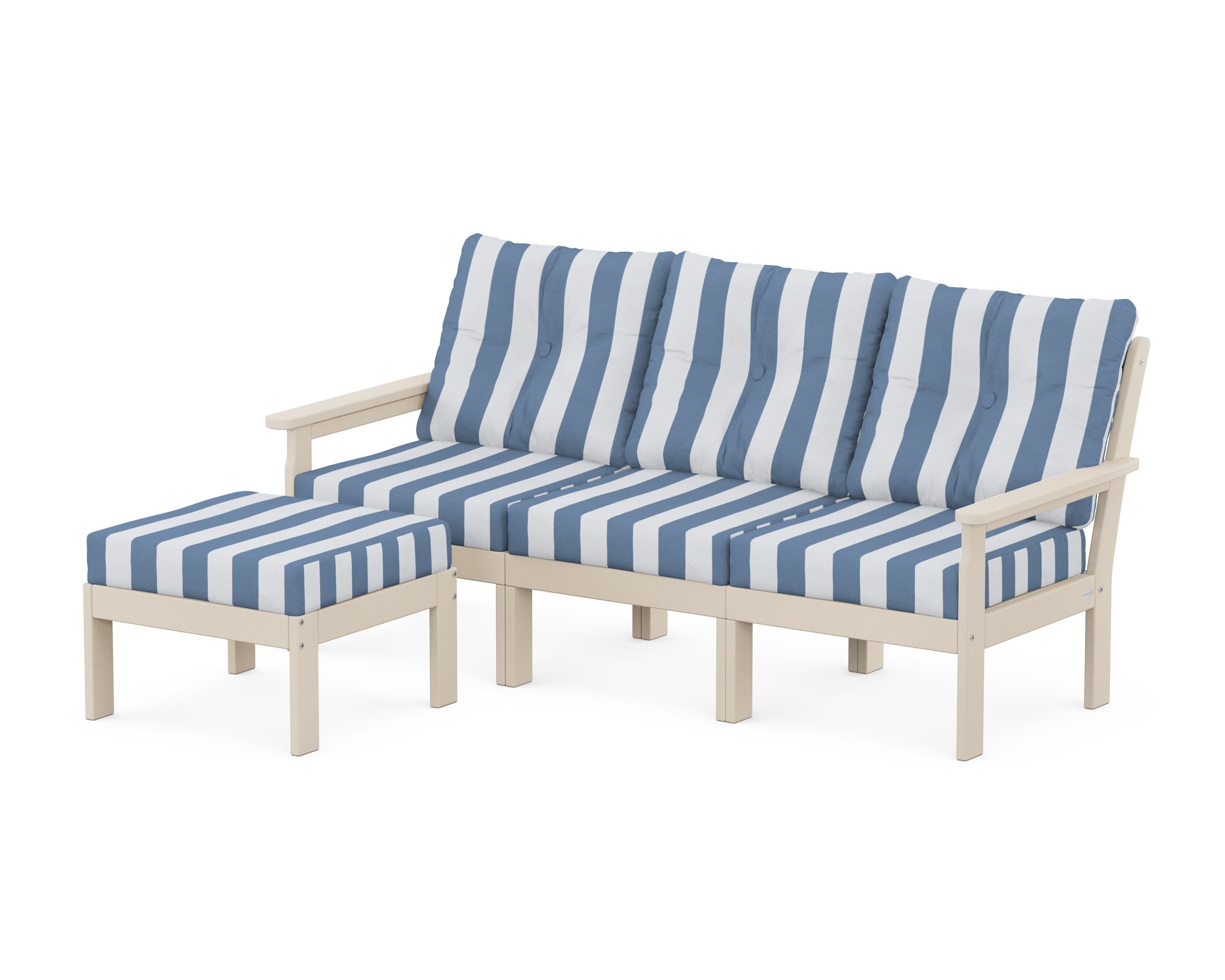 Vineyard 4-Piece Sectional with Ottoman in Sand / Cabana Stripe Sky Blue