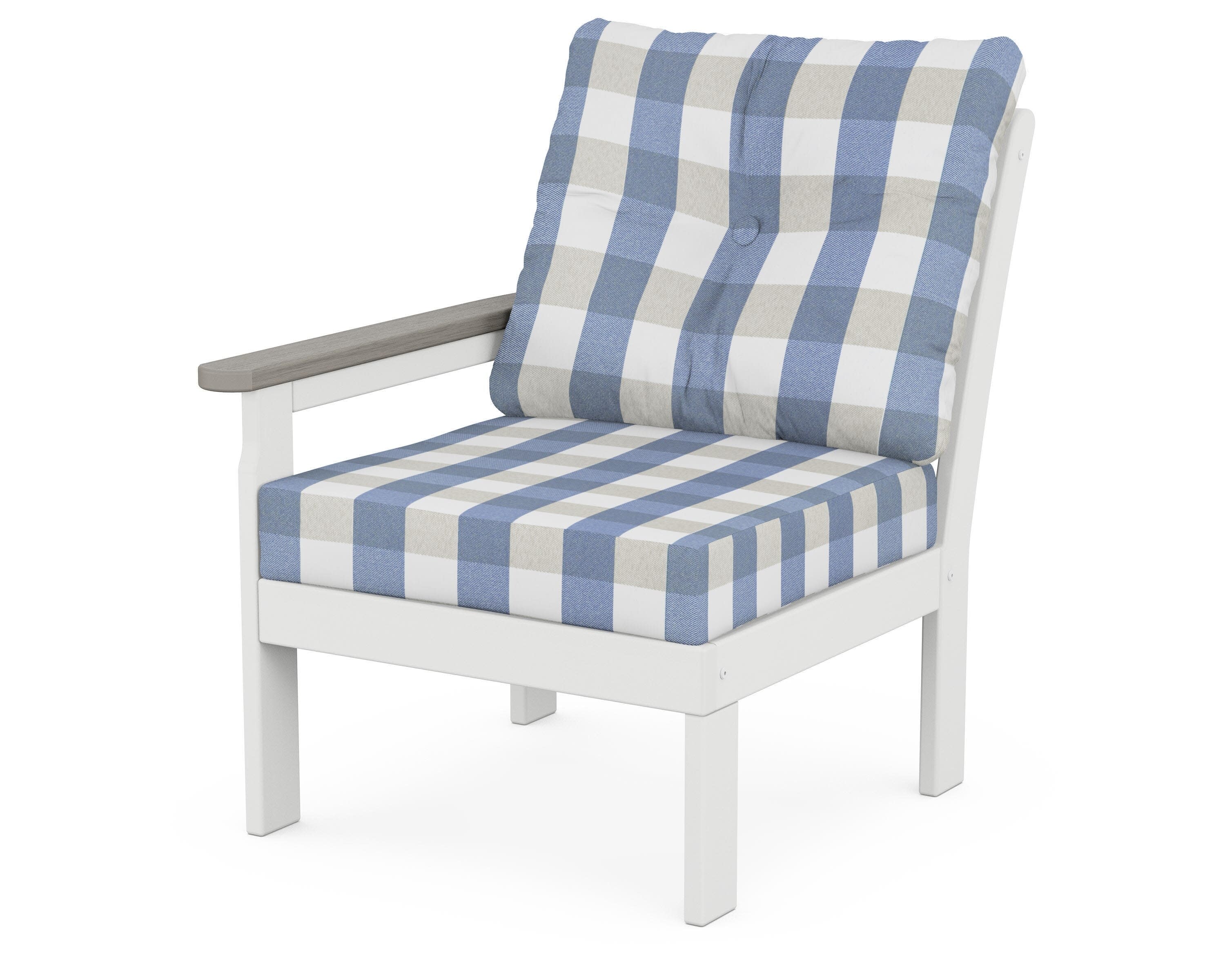 Vineyard Modular Left Arm Chair in White / Driftwood / Buffalo Plaid Sky Blue