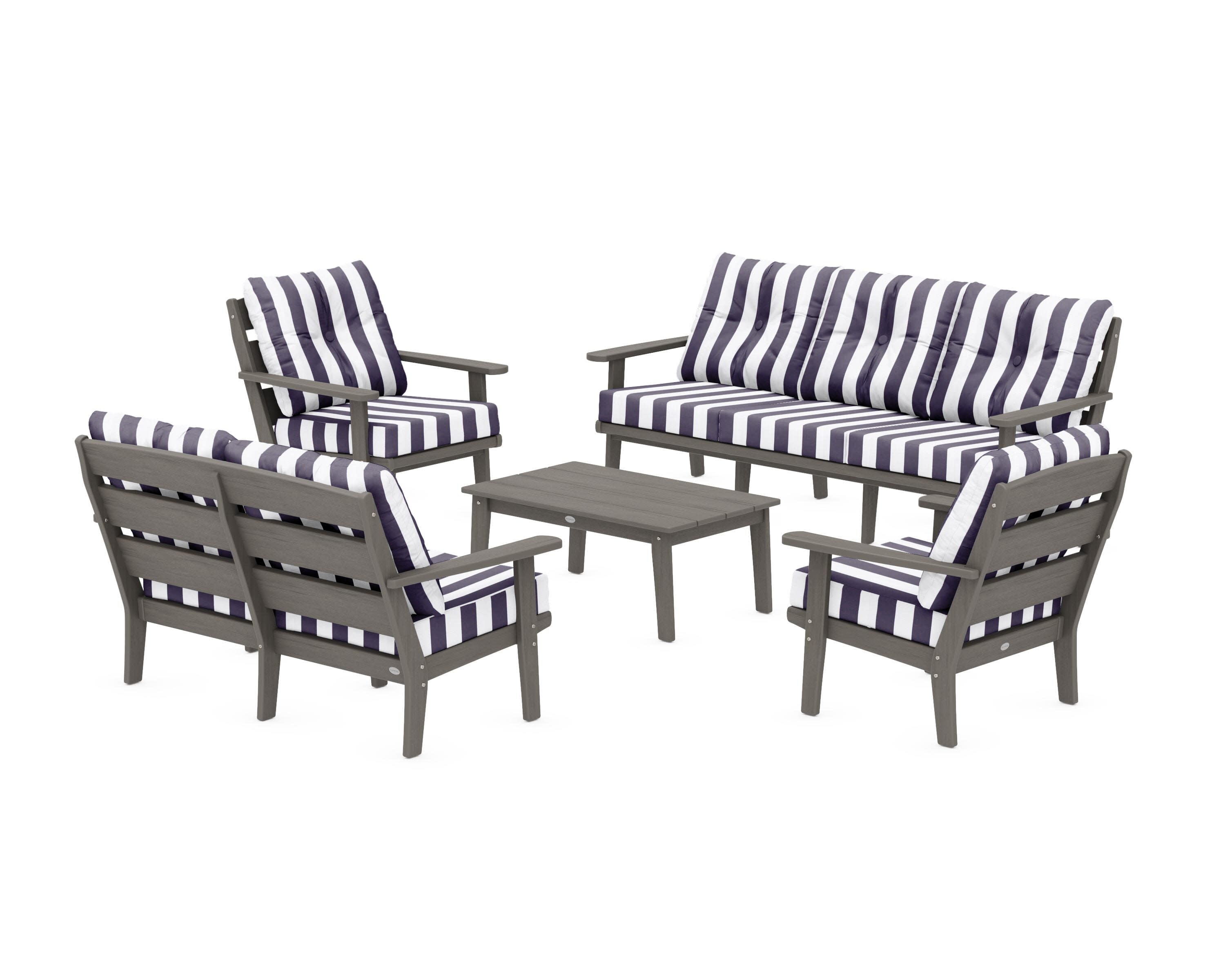 Lakeside 5-Piece Lounge Sofa Set in Driftwood / Cabana Stripe Navy