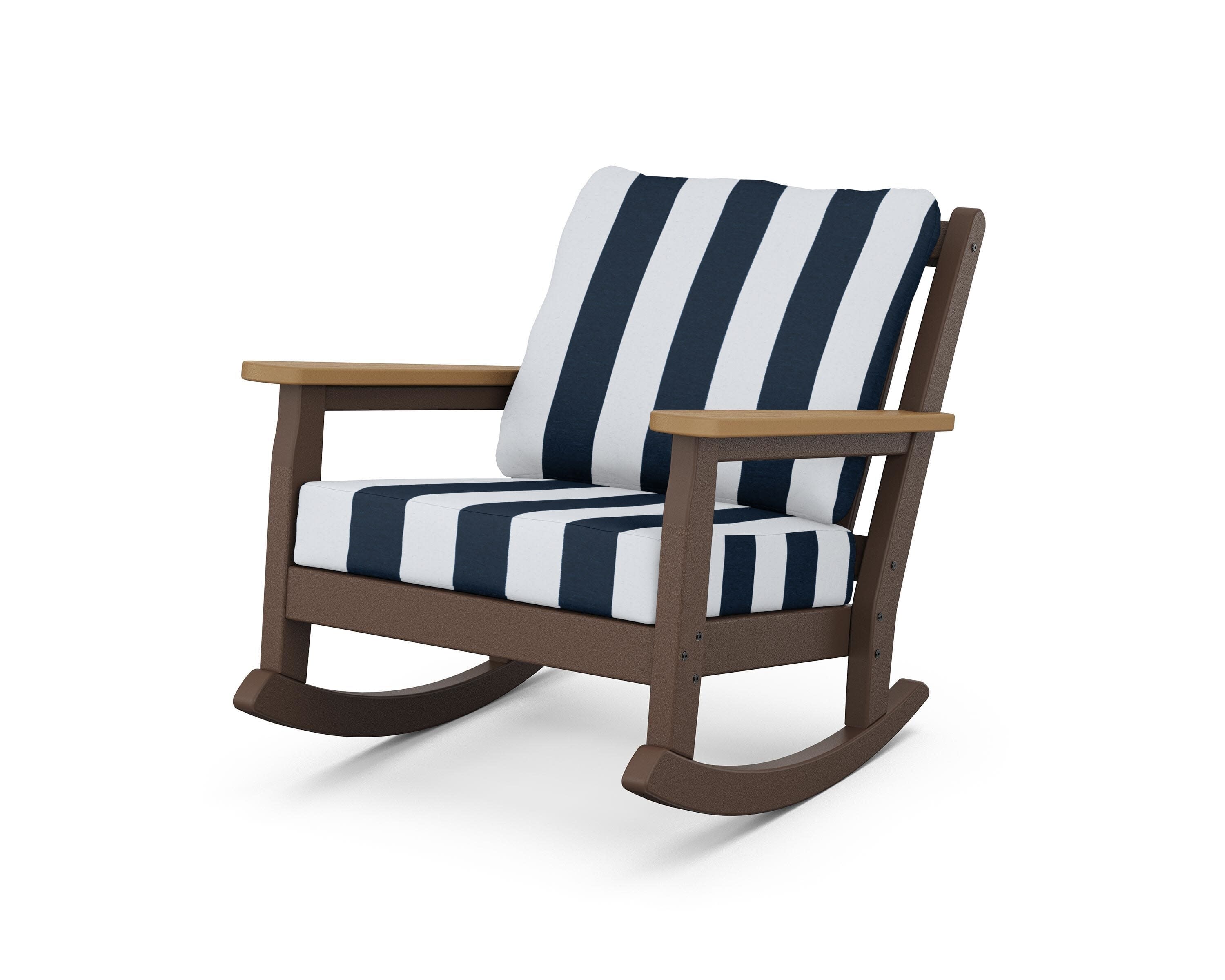 Chippendale Deep Seating Rocking Chair in Mahogany / Natural / Cabana Stripe Marine Indigo