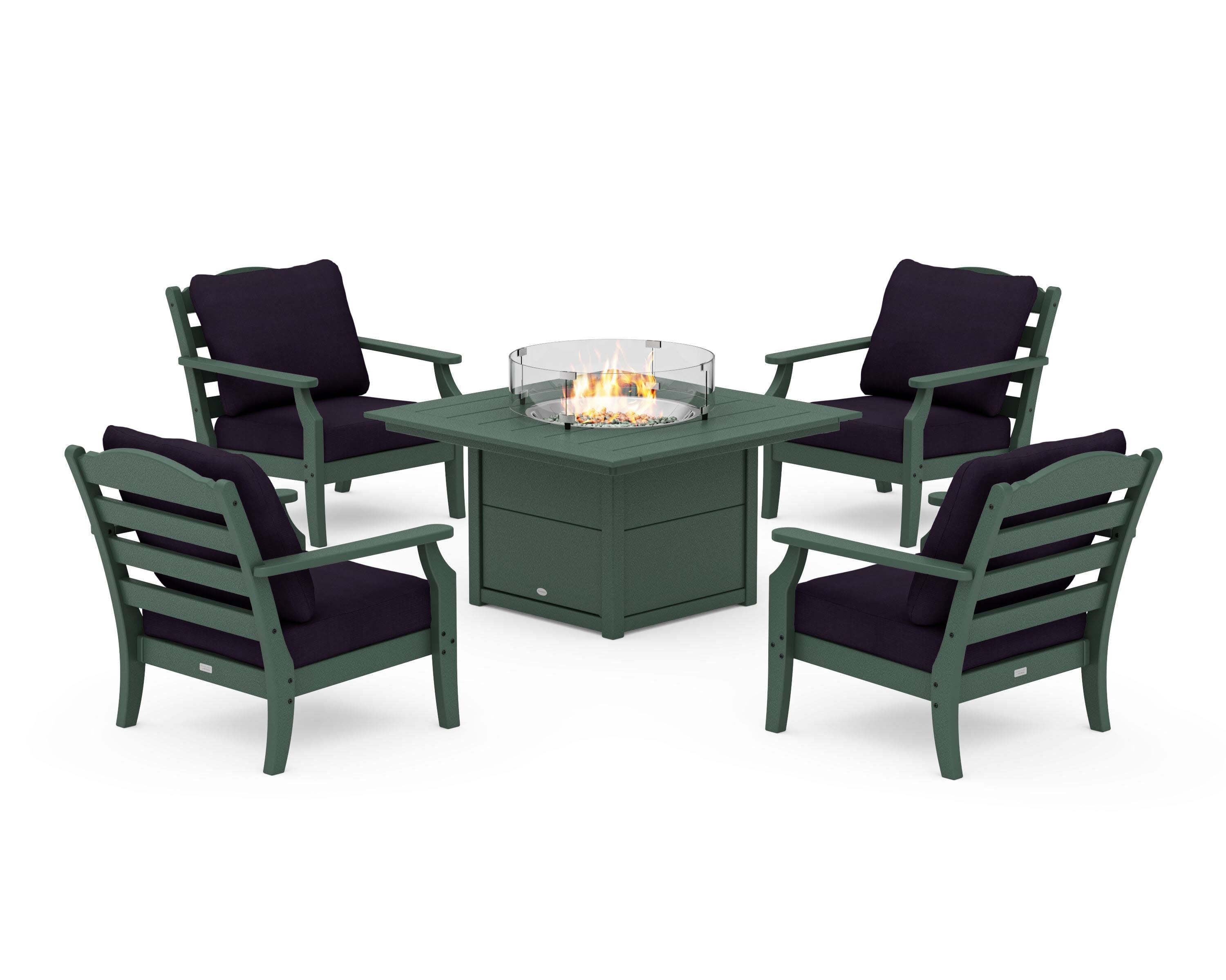 Savannah 5-Piece Deep Seating Set with Fire Pit Table in Green / Navy Linen